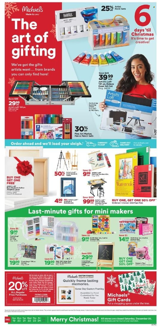 thumbnail - Michaels Flyer - 12/19/2021 - 12/25/2021 - Sales products - spirograph, pen, marker, pencil, easel. Page 1.