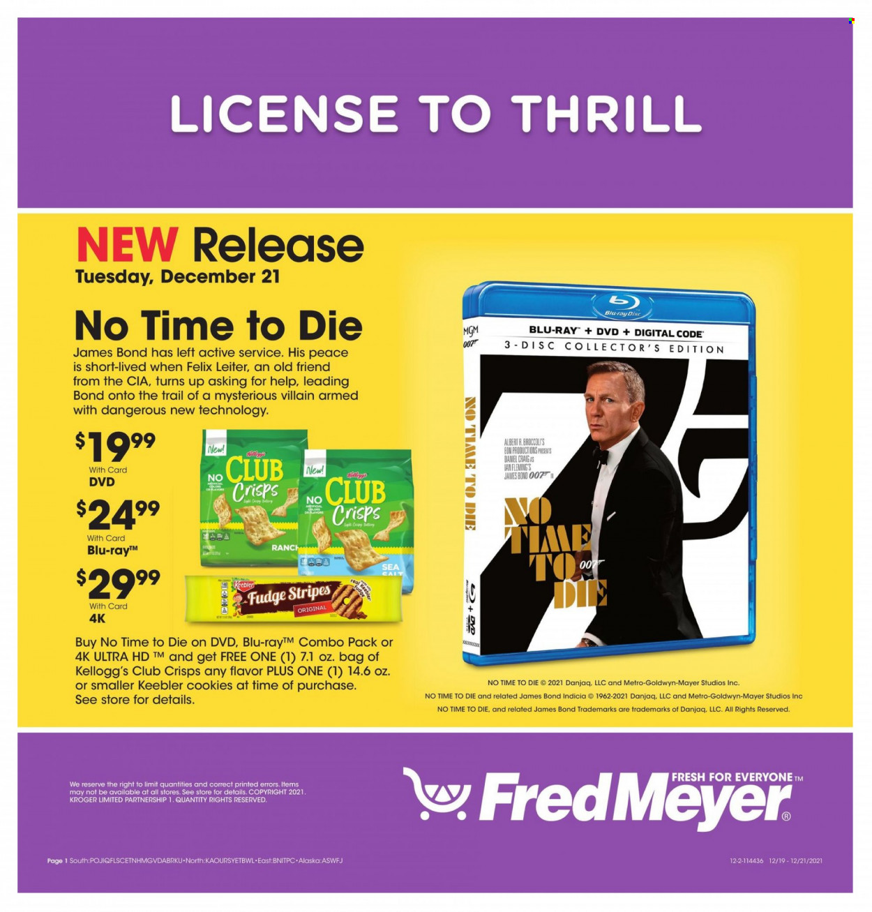 thumbnail - Fred Meyer Flyer - 12/19/2021 - 12/21/2021 - Sales products - broccoli, cookies, fudge, Kellogg's, Keebler, James Bond, DVD, Felix, UHD TV, ultra hd, Blu-ray. Page 1.