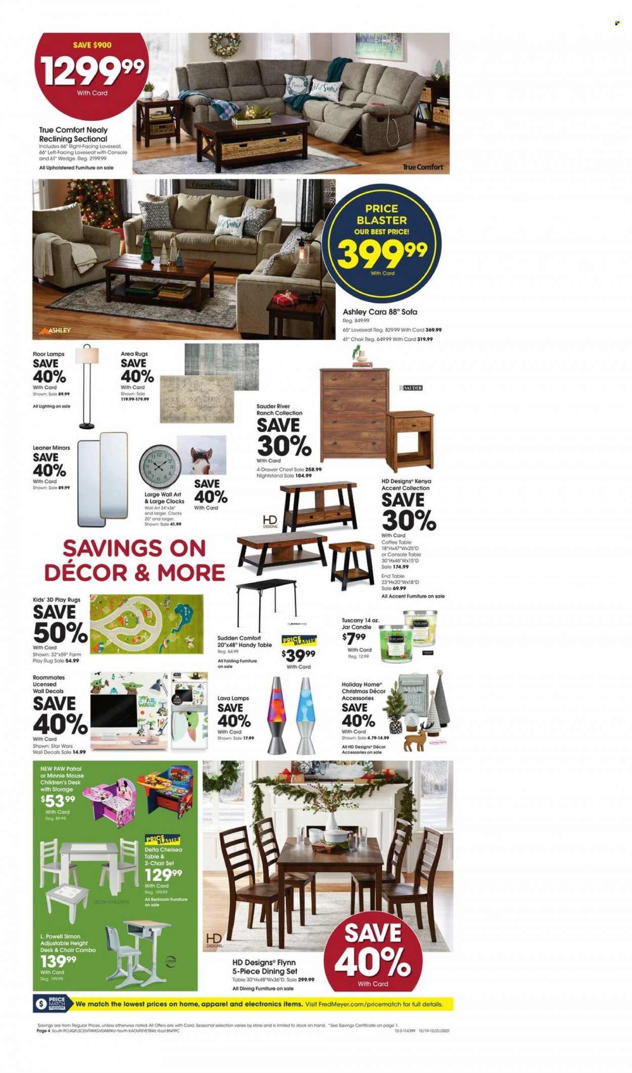 thumbnail - Fred Meyer Flyer - 12/19/2021 - 12/21/2021 - Sales products - Paw Patrol, Minnie Mouse, candle, dining set, chair, loveseat, sofa, coffee table, end table, mirror, christmas decor, lighting, rug, area rug. Page 4.