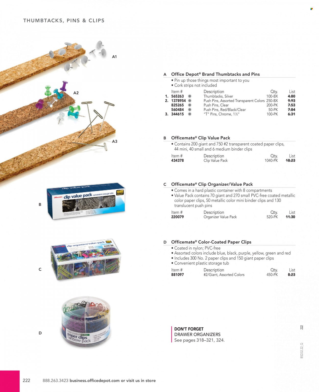 thumbnail - Office DEPOT Flyer - Sales products - pin, push pins, deco strips, paper, container. Page 222.