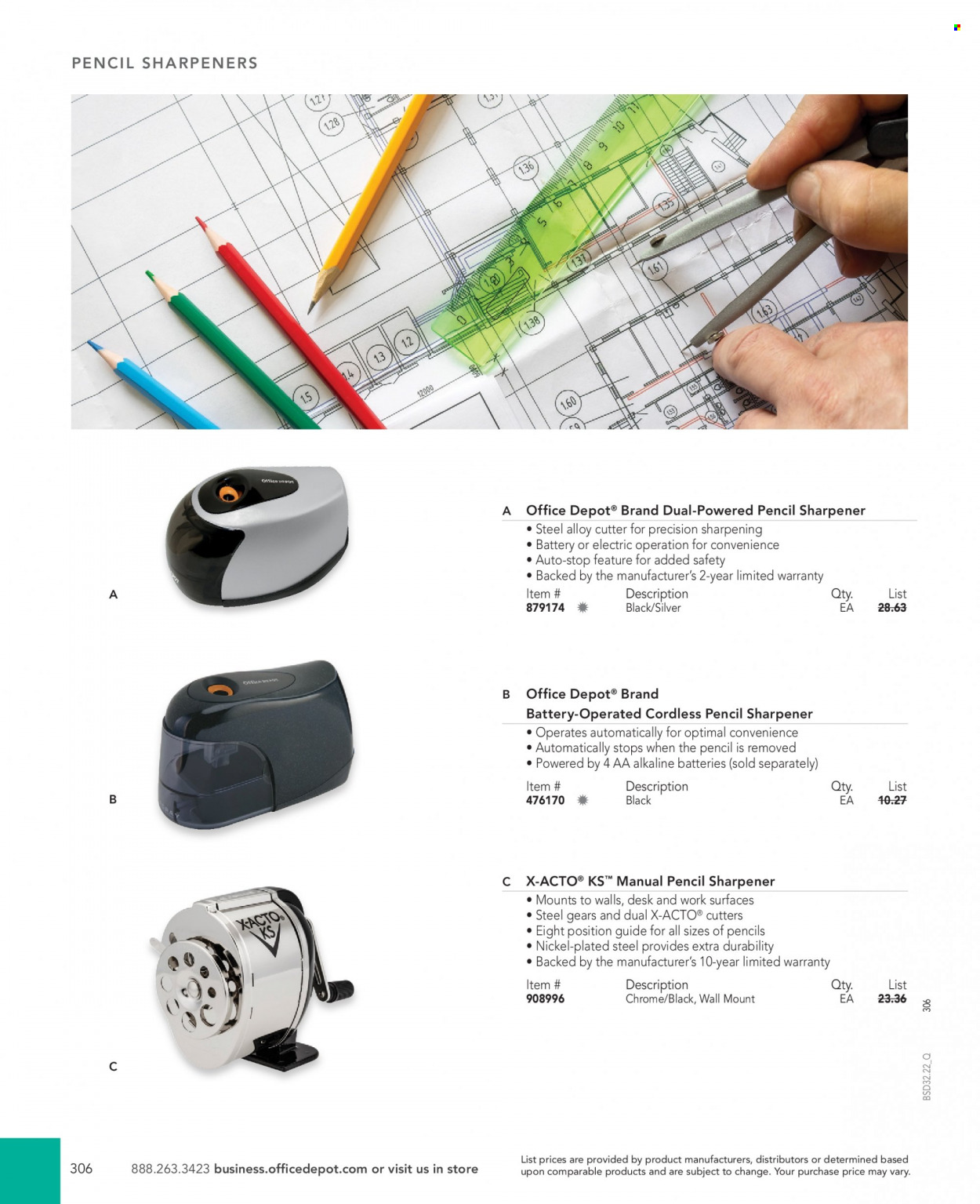 thumbnail - Office DEPOT Flyer - Sales products - sharpener, cutter, desk. Page 306.