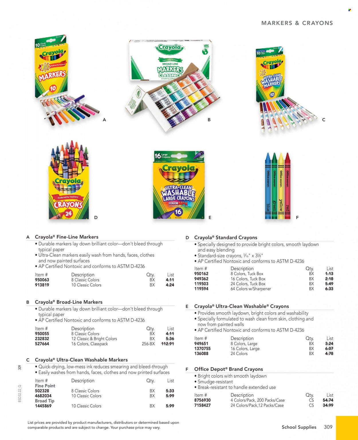 thumbnail - Office DEPOT Flyer - Sales products - crayons, sharpener, paper. Page 309.