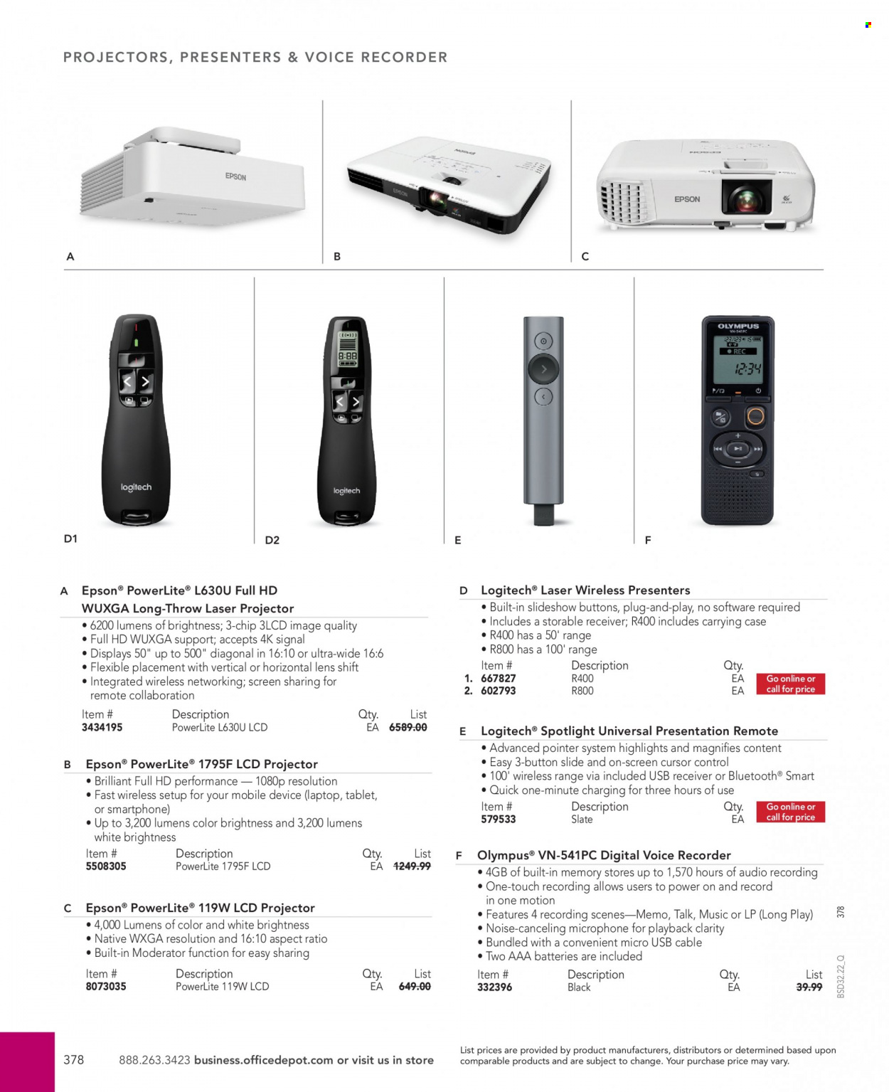 thumbnail - Office DEPOT Flyer - Sales products - tablet, spotlight, laptop, Logitech, receiver, recorder, projector, Epson, microphone. Page 378.