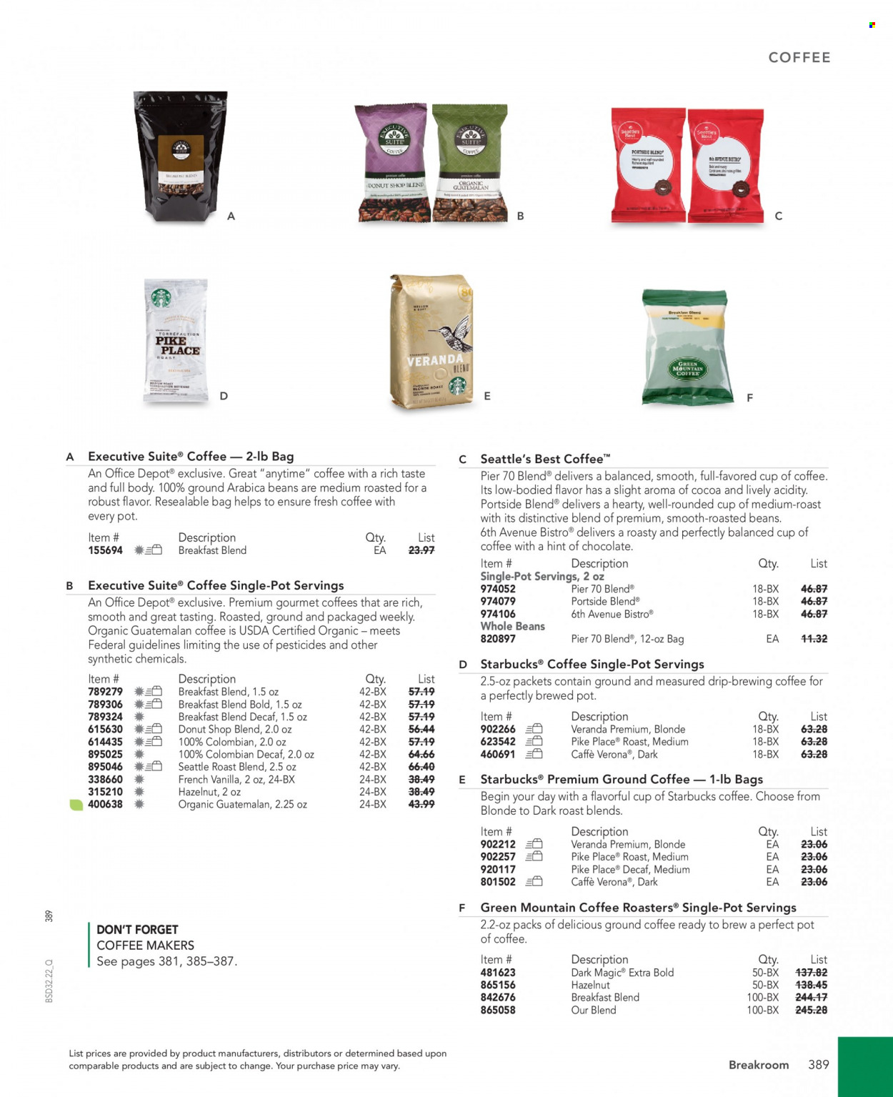 thumbnail - Office DEPOT Flyer - Sales products - Starbucks, arabica beans, ground coffee, breakfast blend, Green Mountain. Page 389.