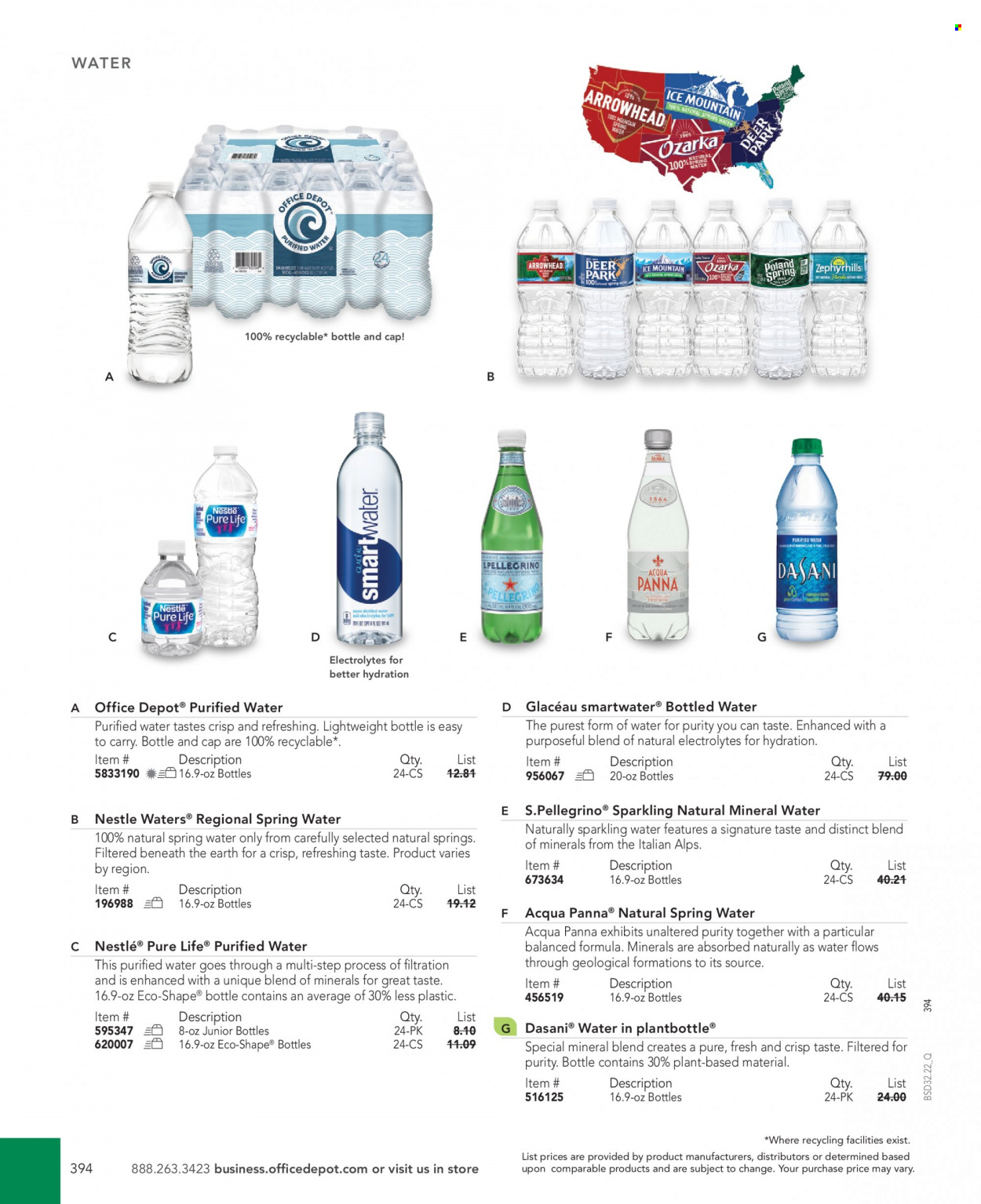 thumbnail - Office DEPOT Flyer - Sales products - mineral water, Nestlé, spring water, sparkling water, bottled water, purified water, Smartwater, San Pellegrino. Page 394.