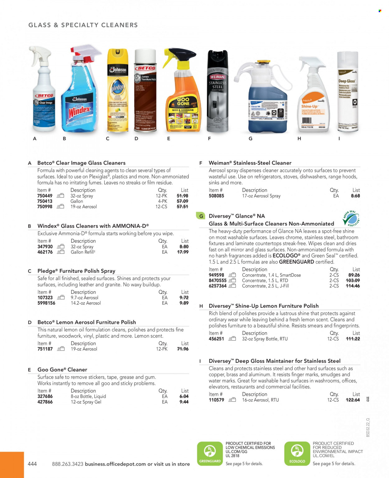 thumbnail - Office DEPOT Flyer - Sales products - wipes, Windex, cleaner, Pledge, sticker. Page 444.