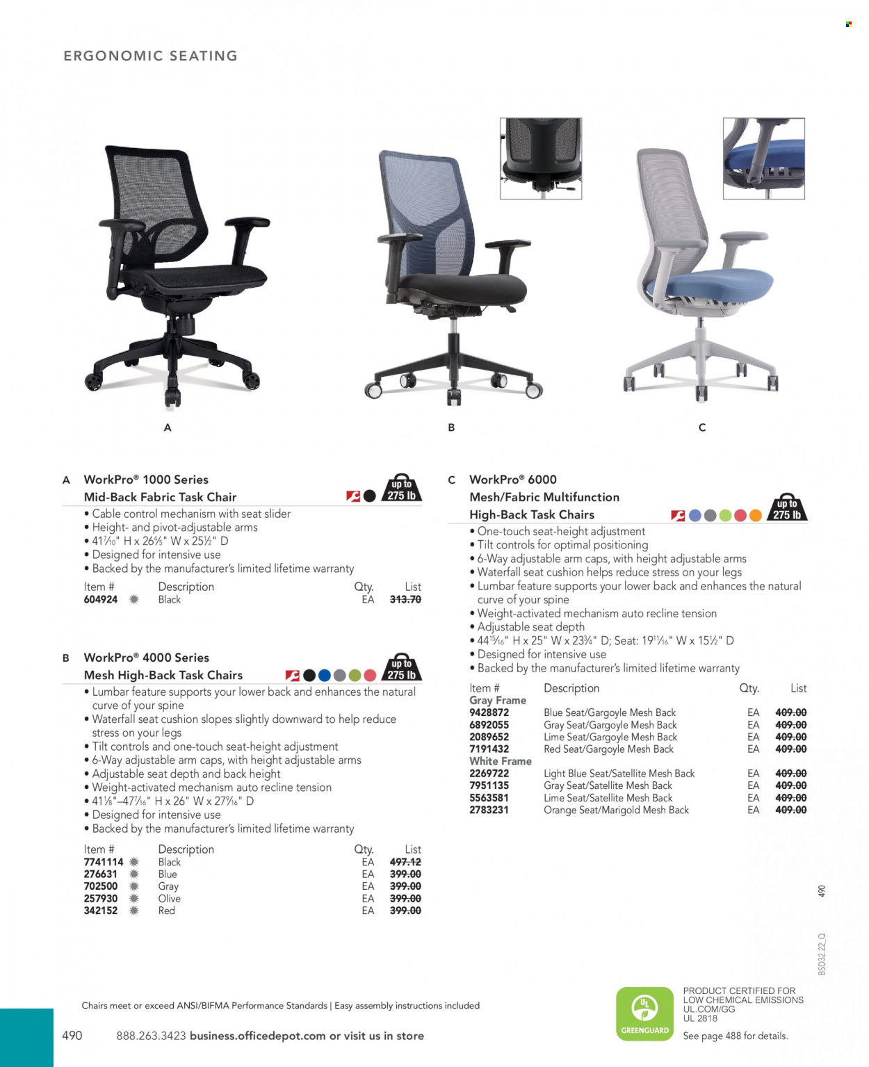 thumbnail - Office DEPOT Flyer - Sales products - satellite, task chair, chair. Page 490.
