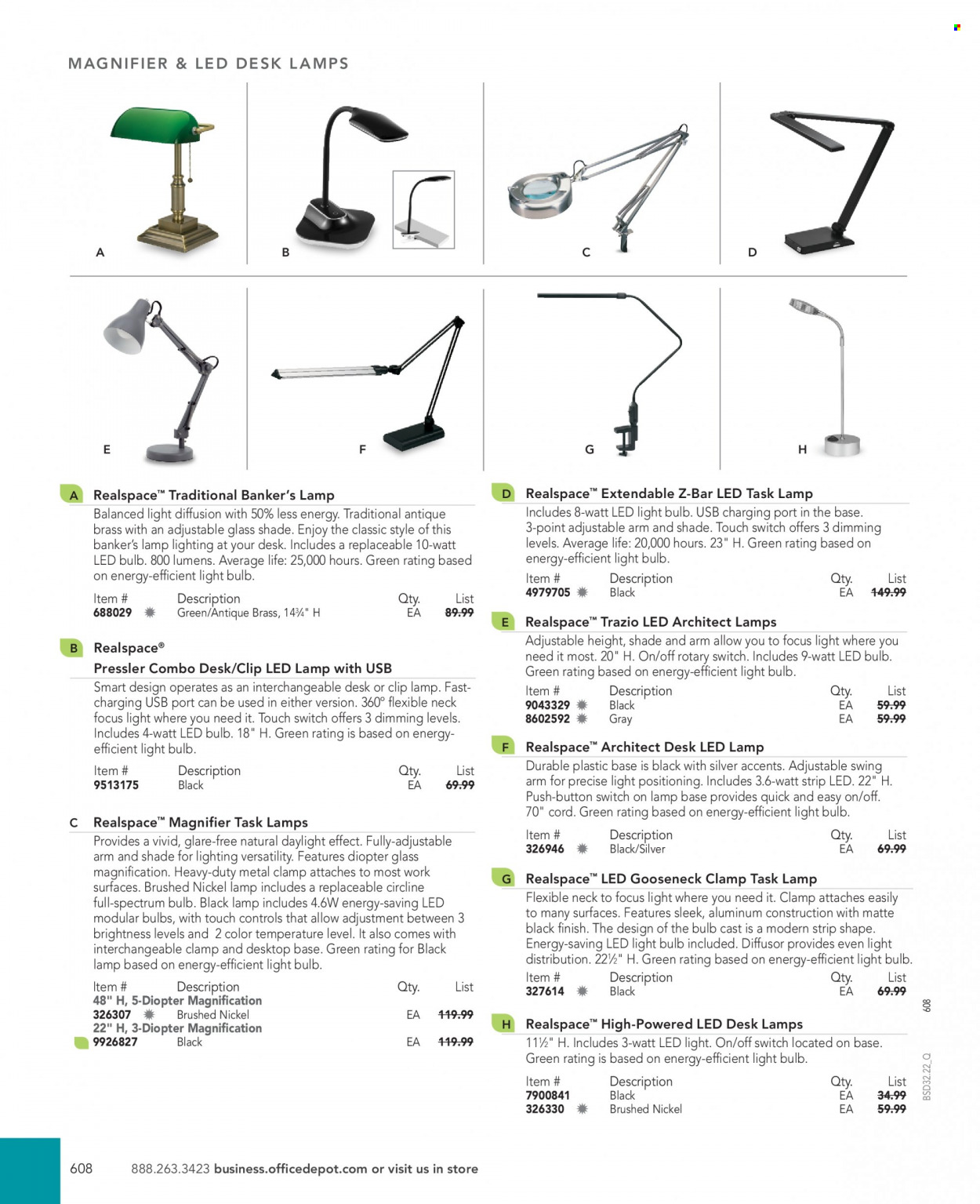 thumbnail - Office DEPOT Flyer - Sales products - LED bulb, light bulb, desk. Page 608.