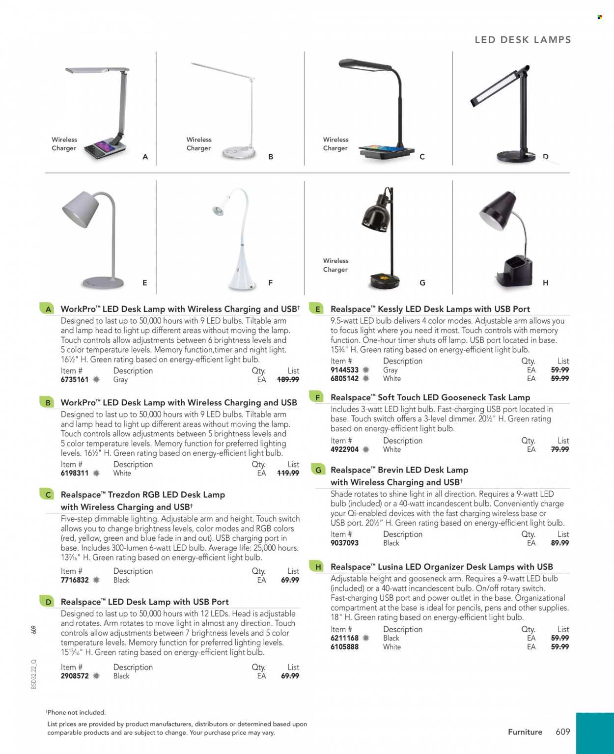thumbnail - Office DEPOT Flyer - Sales products - pencil, LED bulb, light bulb, wireless charger, desk. Page 609.