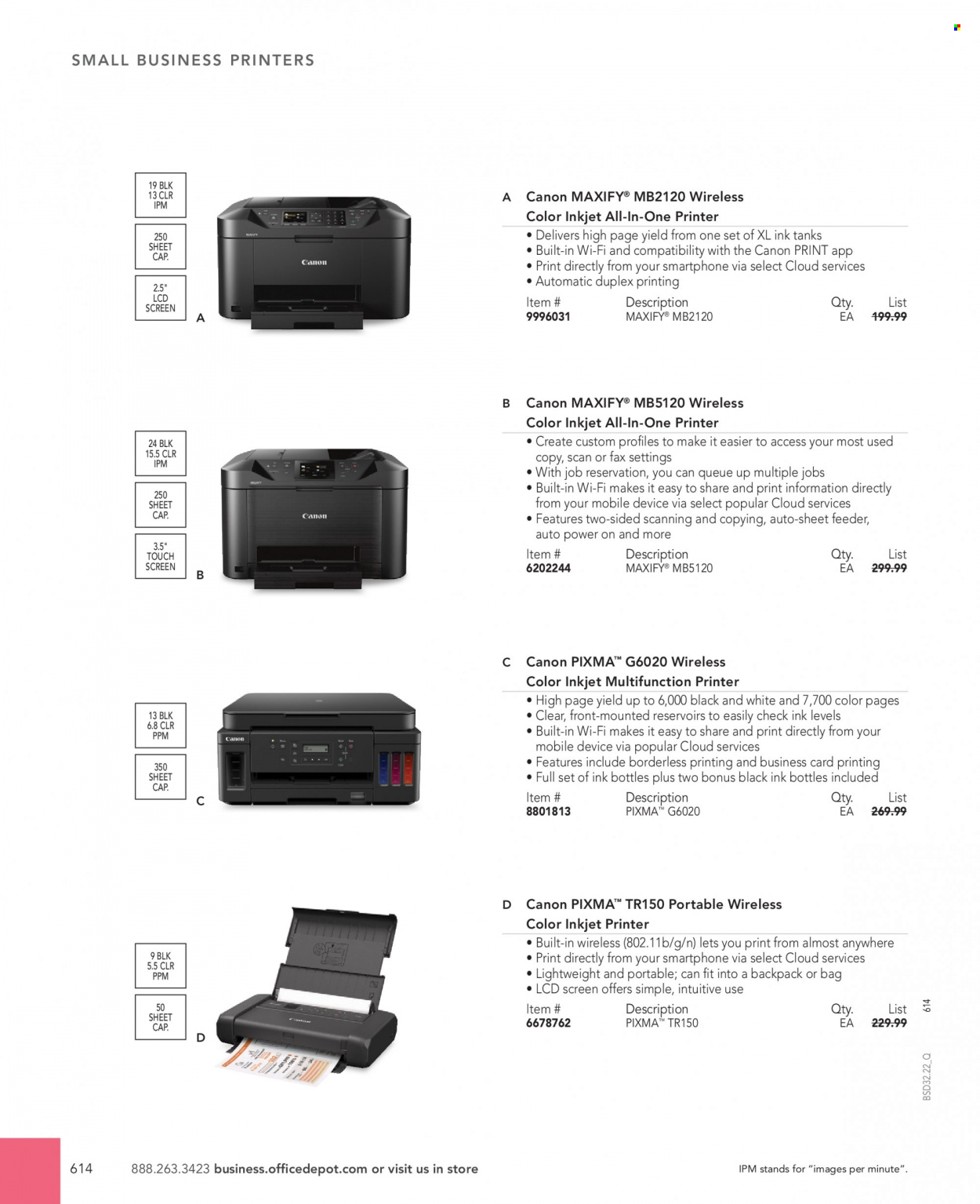 thumbnail - Office DEPOT Flyer - Sales products - Canon, all-in-one printer, ink printer, printer. Page 614.