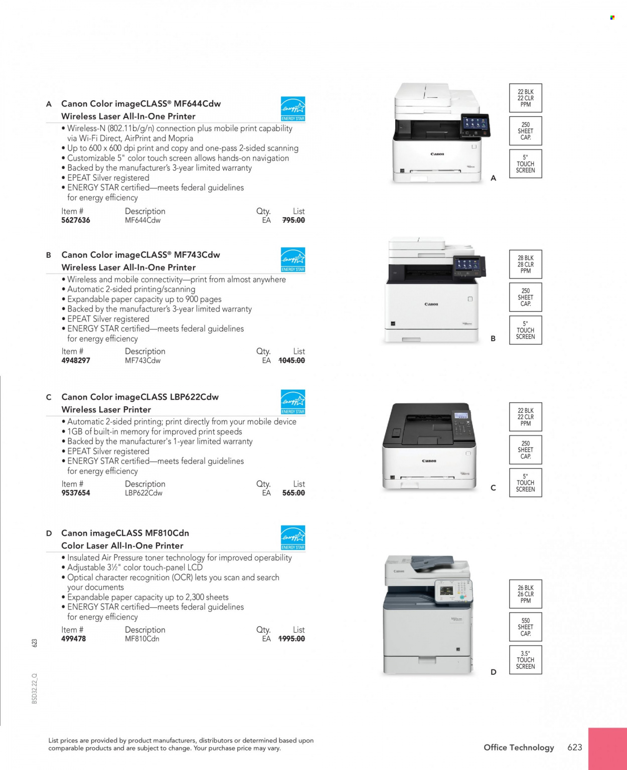 thumbnail - Office DEPOT Flyer - Sales products - Canon, all-in-one printer, laser printer, printer, toner. Page 623.
