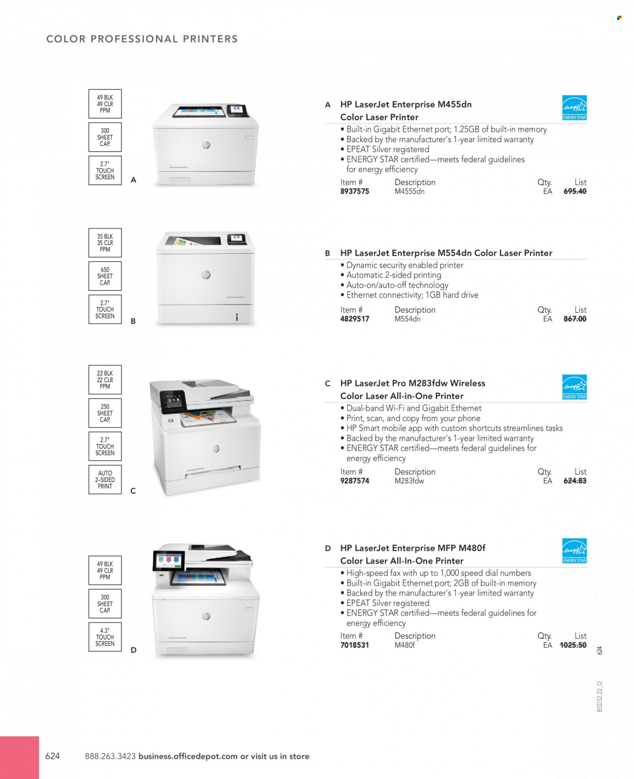 thumbnail - Office DEPOT Flyer - Sales products - Hewlett Packard, hard disk, all-in-one printer, laser printer, printer, laserjet. Page 624.