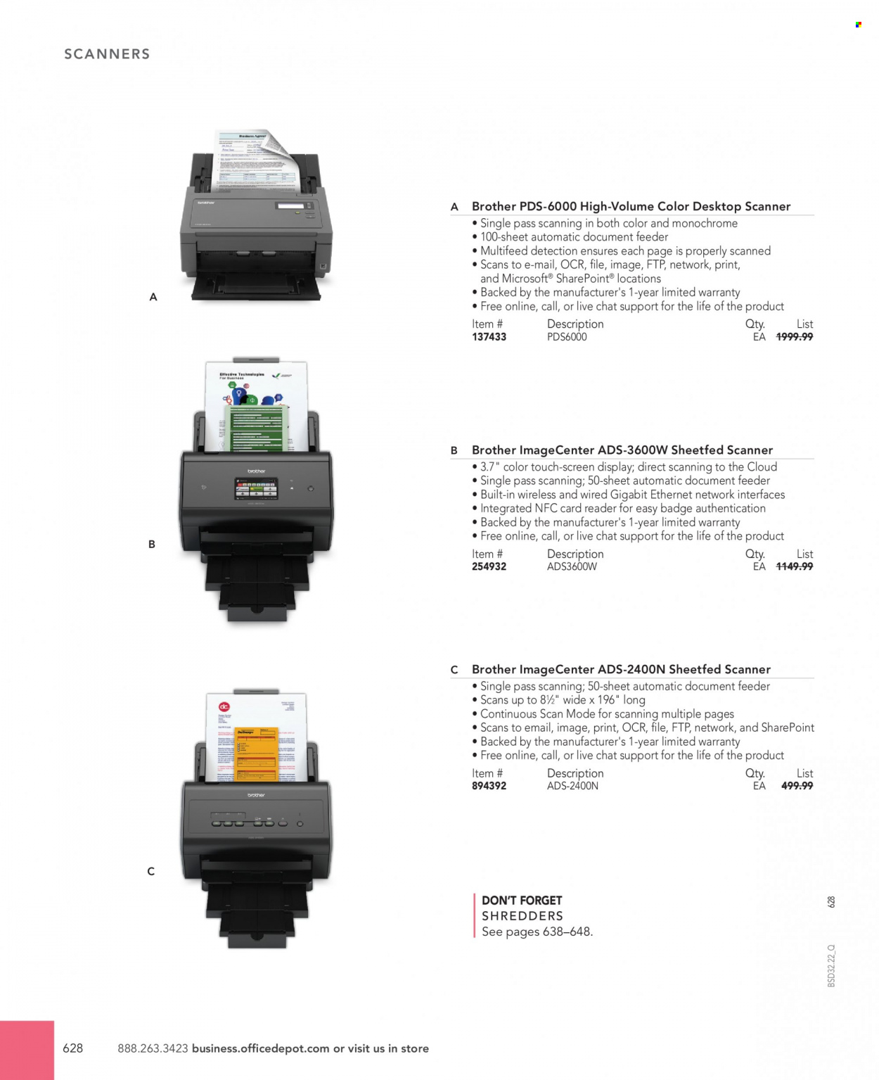 thumbnail - Office DEPOT Flyer - Sales products - Brother, scanner, shredder. Page 628.