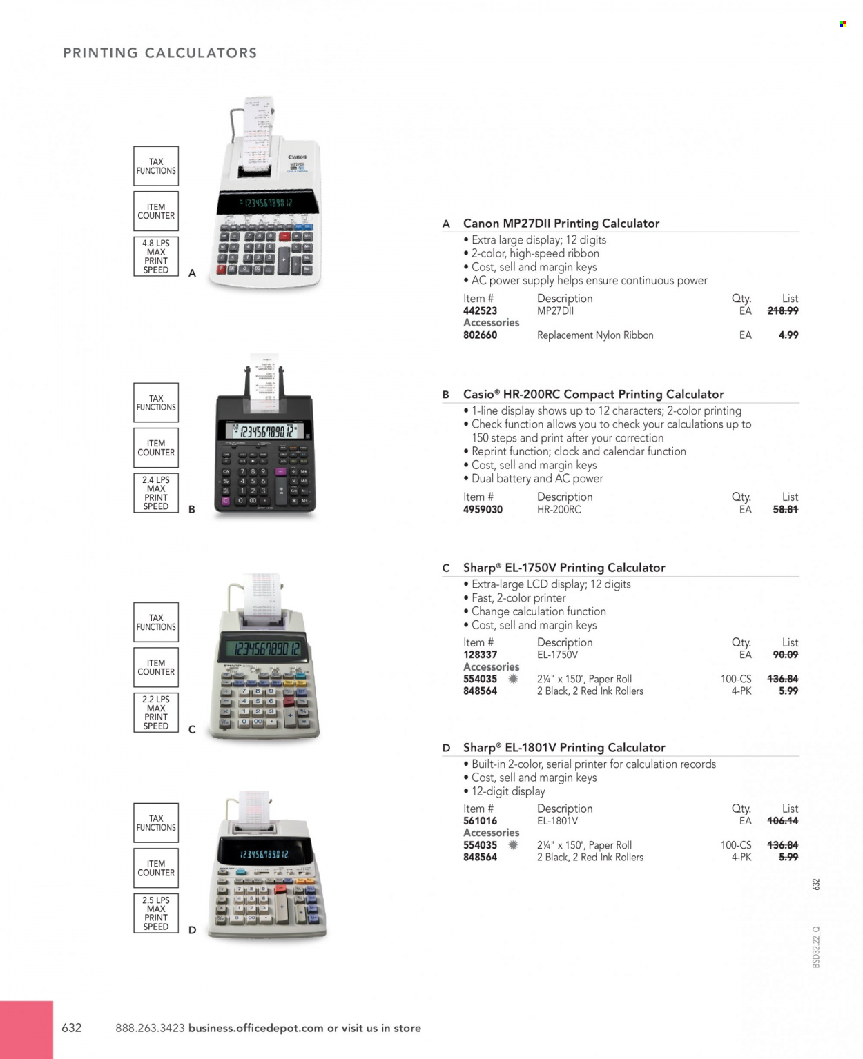 thumbnail - Office DEPOT Flyer - Sales products - calendar, Sharp, calculator, battery, Canon, printer. Page 632.