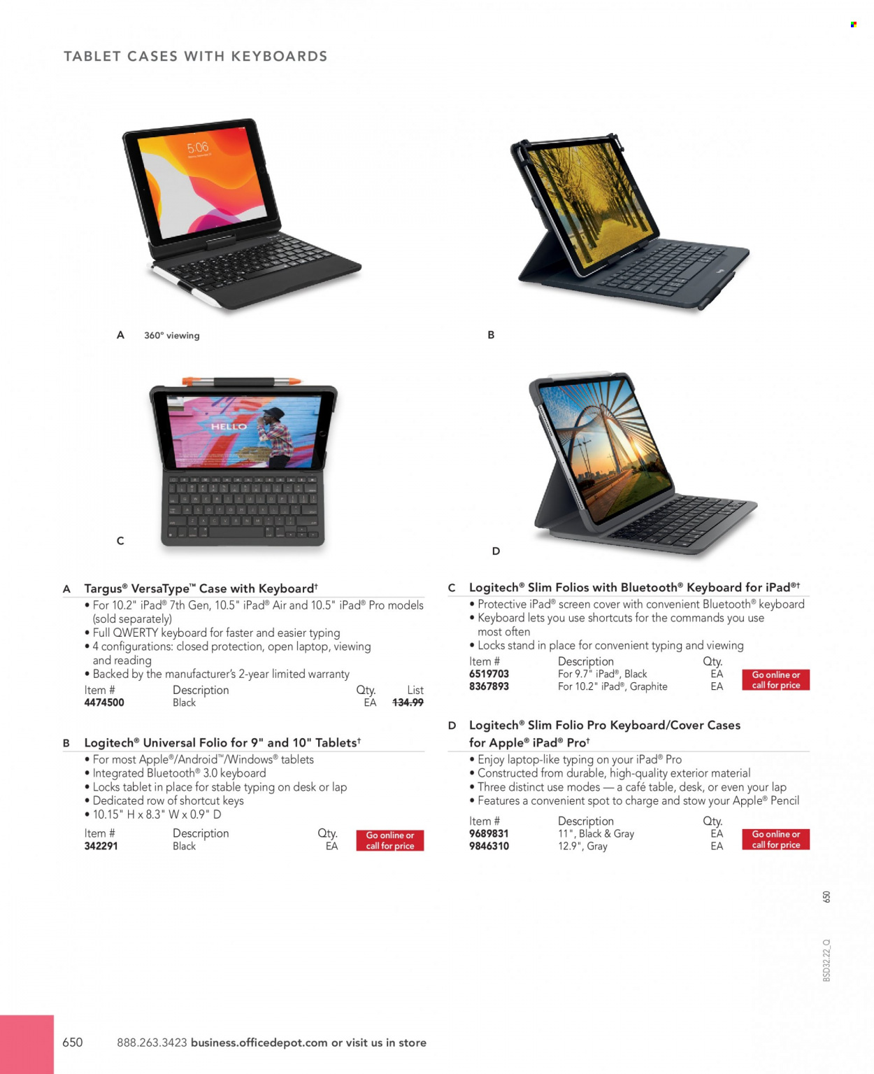 thumbnail - Office DEPOT Flyer - Sales products - tablet, pencil, laptop, Logitech, keyboard, desk. Page 650.