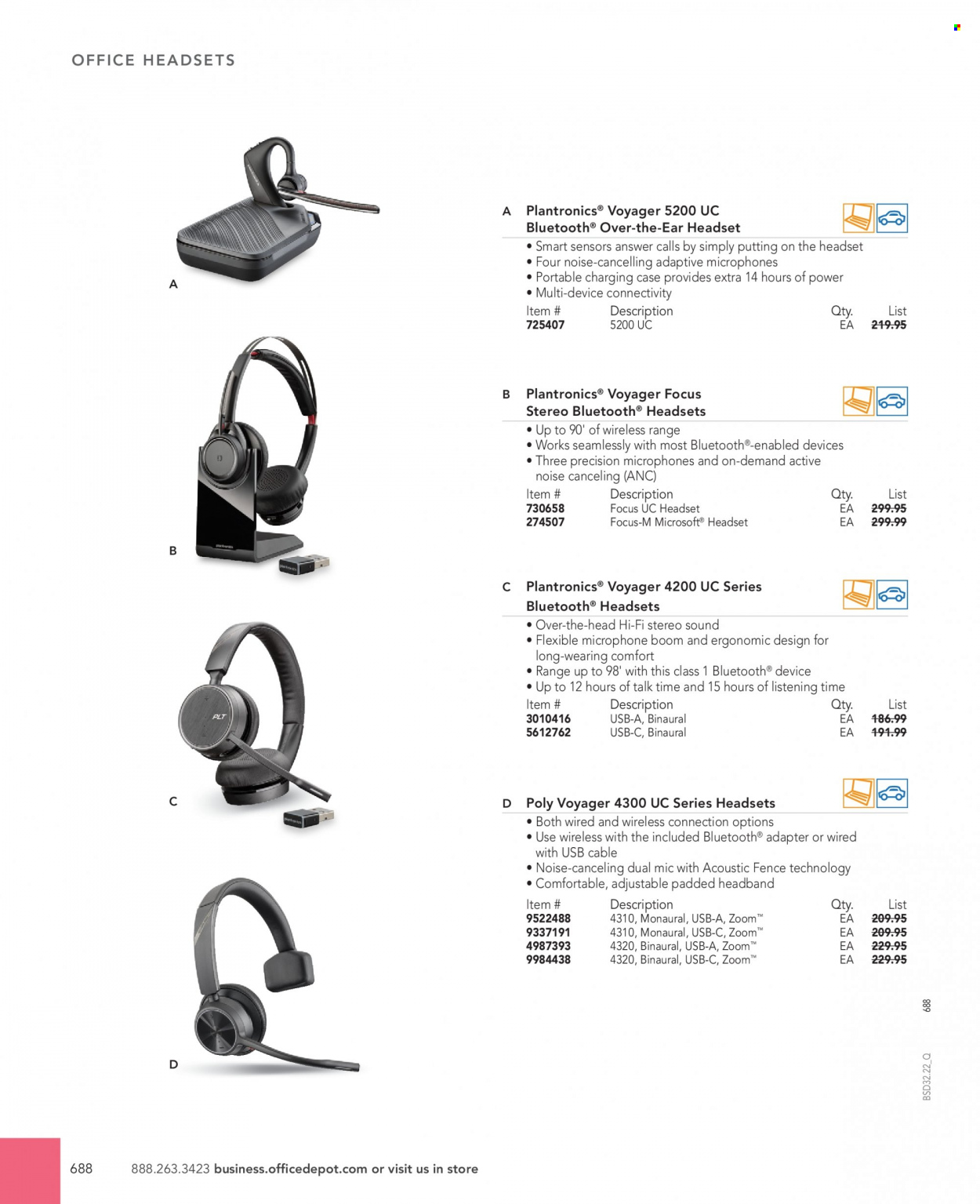 thumbnail - Office DEPOT Flyer - Sales products - hi-fi, Plantronics, microphone, headset, adapter. Page 688.