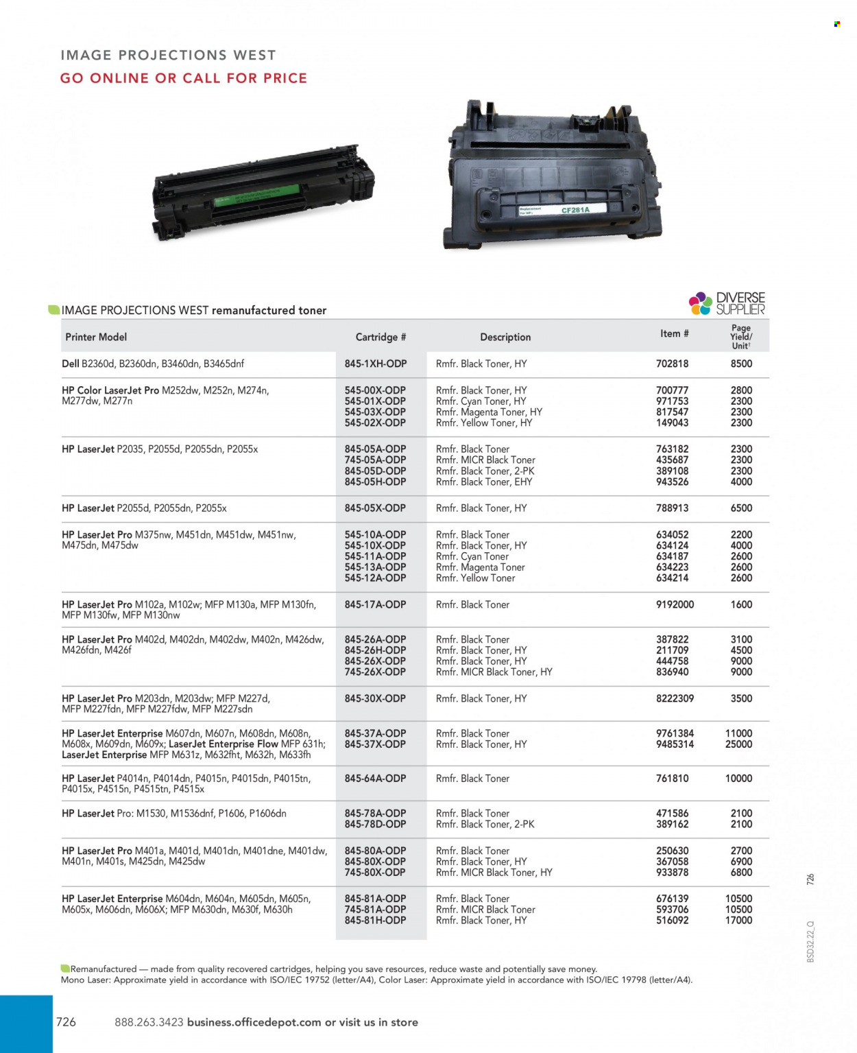 thumbnail - Office DEPOT Flyer - Sales products - Dell, Hewlett Packard, printer, laserjet, toner, cartridge. Page 726.