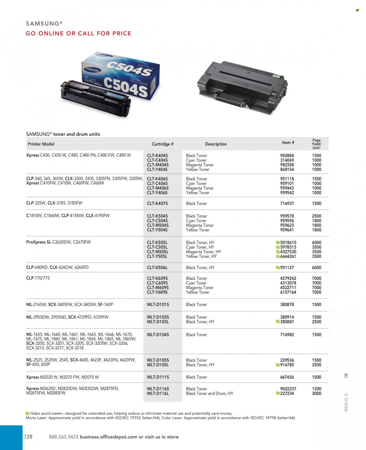 thumbnail - Office DEPOT Flyer - Sales products - Samsung, printer, toner, cartridge. Page 728.