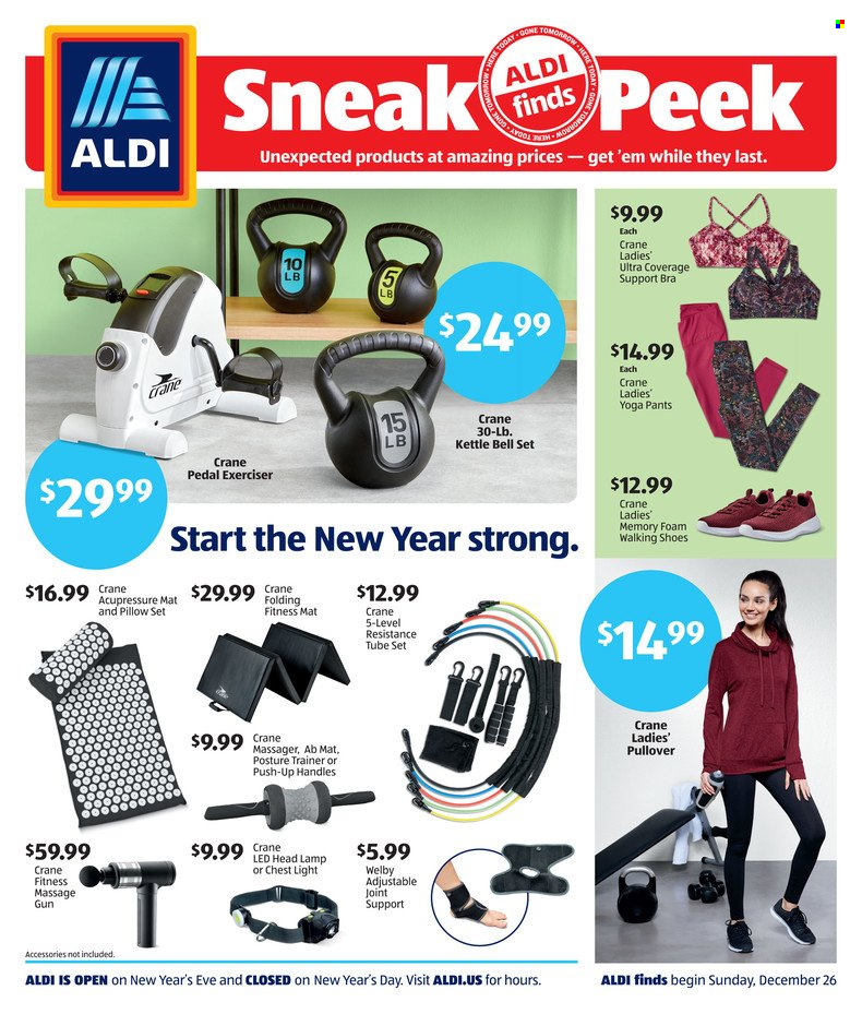 thumbnail - ALDI Flyer - 12/26/2021 - 01/01/2022 - Sales products - shoes, kettle, pants, pillow, massager, pullover, yoga leggins, bra, resistance tube, gun, lamp. Page 1.