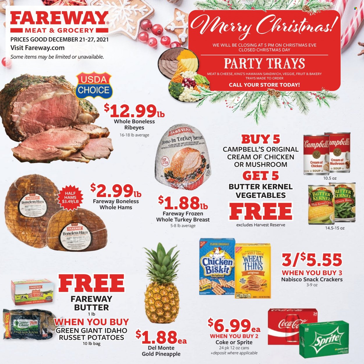 thumbnail - Fareway Flyer - 12/21/2021 - 12/27/2021 - Sales products - russet potatoes, potatoes, pineapple, Campbell's, sandwich, butter, snack, crackers, Coca-Cola, Sprite, turkey breast, whole turkey. Page 1.