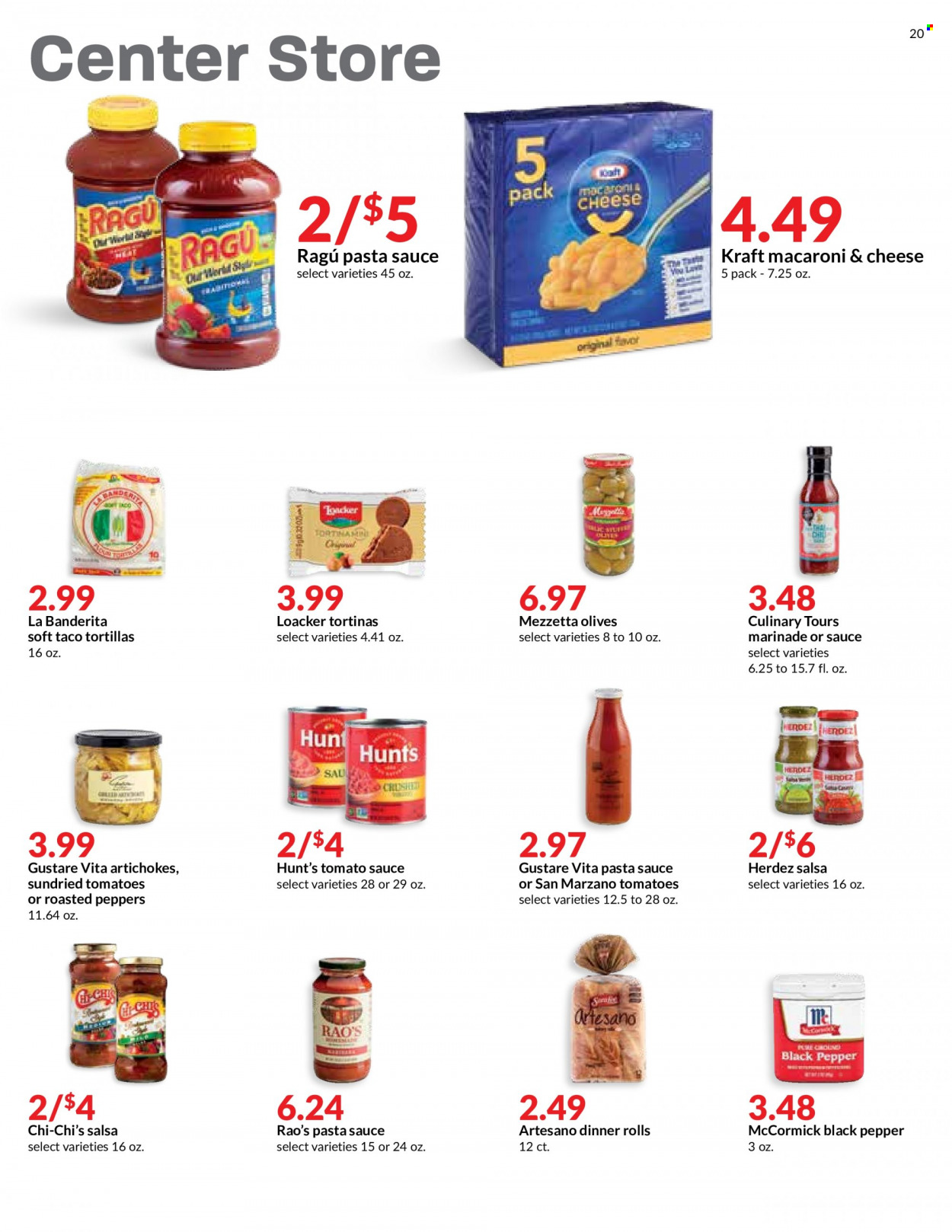 thumbnail - Hy-Vee Flyer - 12/22/2021 - 12/28/2021 - Sales products - tortillas, dinner rolls, artichoke, tomatoes, peppers, macaroni & cheese, pasta sauce, Kraft®, ragú pasta, dried tomatoes, tomato sauce, olives, black pepper, salsa, marinade, ragu. Page 20.