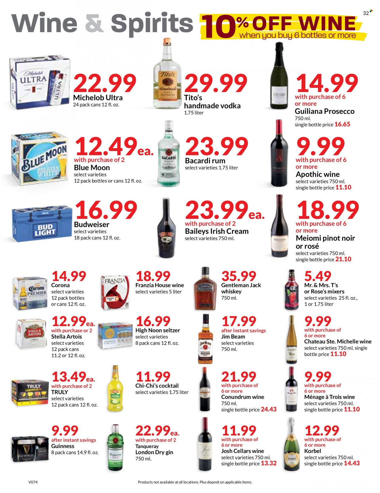 thumbnail - Hy-Vee Flyer - 12/22/2021 - 12/28/2021 - Sales products - seltzer water, red wine, prosecco, wine, Pinot Noir, rosé wine, Bacardi, gin, rum, vodka, whiskey, irish cream, Baileys, Jim Beam, TRULY, whisky, beer, Corona Extra, Guinness, Budweiser, Stella Artois, Blue Moon, Michelob. Page 32.