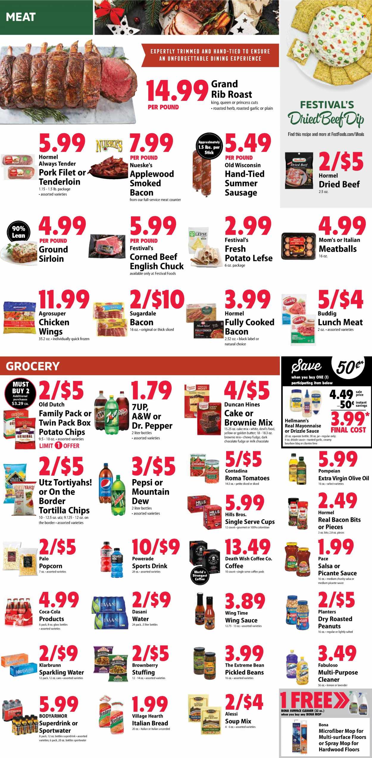 thumbnail - Festival Foods Flyer - 12/22/2021 - 12/28/2021 - Sales products - bread, brownie mix, cake mix, tomatoes, meatballs, soup mix, soup, pasta, sauce, Hormel, Sugardale, bacon bits, sausage, summer sausage, lunch meat, corned beef, butter, mayonnaise, Hellmann’s, fudge, milk chocolate, chocolate, dark chocolate, tortilla chips, potato chips, cilantro, salsa, wing sauce, extra virgin olive oil, olive oil, oil, roasted peanuts, peanuts, Planters, Coca-Cola, Mountain Dew, Powerade, Pepsi, Dr. Pepper, 7UP, A&W, sparkling water, coffee pods, Ron Pelicano, beef meat, grand rib roast, surface cleaner, cleaner, Fabuloso. Page 2.