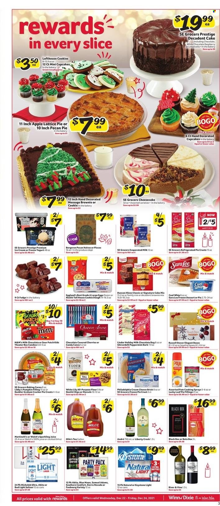 thumbnail - Winn Dixie Flyer - 12/22/2021 - 12/28/2021 - Sales products - Sara Lee, cupcake, brownie mix, cake mix, sweet potato, pumpkin, Welch's, cream cheese, Philadelphia, cheese, yoghurt, evaporated milk, large eggs, Cool Whip, ice cream, cookie dough, cookies, fudge, milk chocolate, Nestlé, Lindor, M&M's, crackers, Ghirardelli, Keebler, sour patch, cocoa, flour, pie crust, juice, sparkling juice, tea, Limoncello, Hard Seltzer, beer, Bud Light, Lager, Keystone, Blue Moon, Michelob. Page 8.