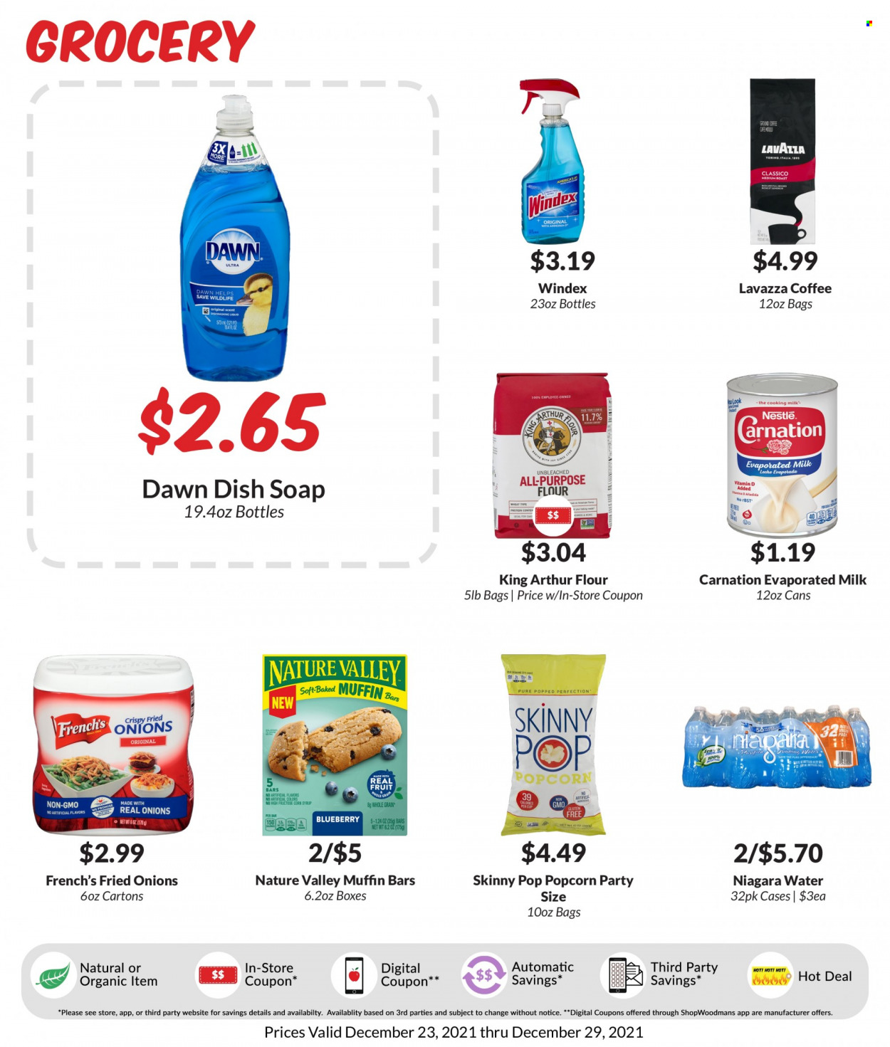 thumbnail - Woodman's Markets Flyer - 12/23/2021 - 12/29/2021 - Sales products - muffin, corn, evaporated milk, Nestlé, popcorn, Skinny Pop, flour, Nature Valley, Classico, corn syrup, syrup, coffee, Lavazza, Windex, dishwashing liquid, soap. Page 4.