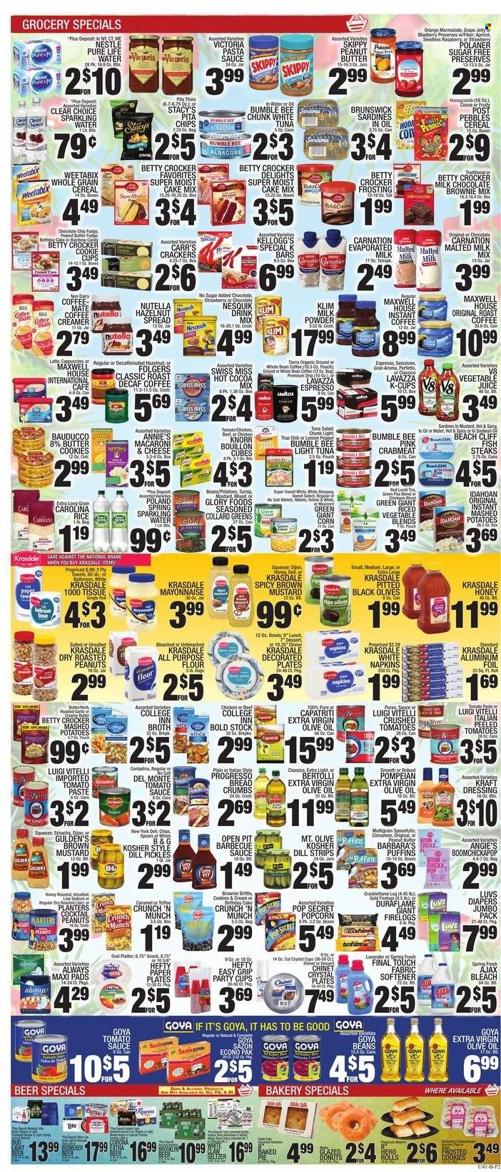 thumbnail - C-Town Flyer - 12/24/2021 - 12/30/2021 - Sales products - donut, dessert, breadcrumbs, brownie mix, cake mix, corn, collard greens, turnips, crab meat, sardines, fish, fish steak, macaroni & cheese, mashed potatoes, pasta sauce, Bumble Bee, Knorr, sauce, Progresso, Annie's, Kraft®, Bertolli, ready meal, tuna salad, Nesquik, Swiss Miss, Coffee-Mate, milk powder, creamer, mayonnaise, strips, cookies, milk chocolate, Nestlé, Nutella, chocolate chips, butter cookies, crackers, Kellogg's, Candy, Brownie Brittle, bars, Thins, popcorn, pita chips, all purpose flour, bouillon, flour, frosting, broth, baking mix, crushed tomatoes, tomato paste, tomato sauce, pickles, light tuna, Goya, Del Monte, canned fish, pickled vegetables, peeled tomatoes, cereals, corn flakes, Weetabix, rice, BBQ sauce, mustard, sriracha, dressing, extra virgin olive oil, olive oil, grape jelly, hazelnut spread, marmalade, roasted peanuts, peanuts, Planters, juice, vegetable juice, seltzer water, sparkling water, hot cocoa, Maxwell House, instant coffee, coffee beans, Folgers, coffee capsules, K-Cups, Lavazza, beer, Corona Extra, steak. Page 2.
