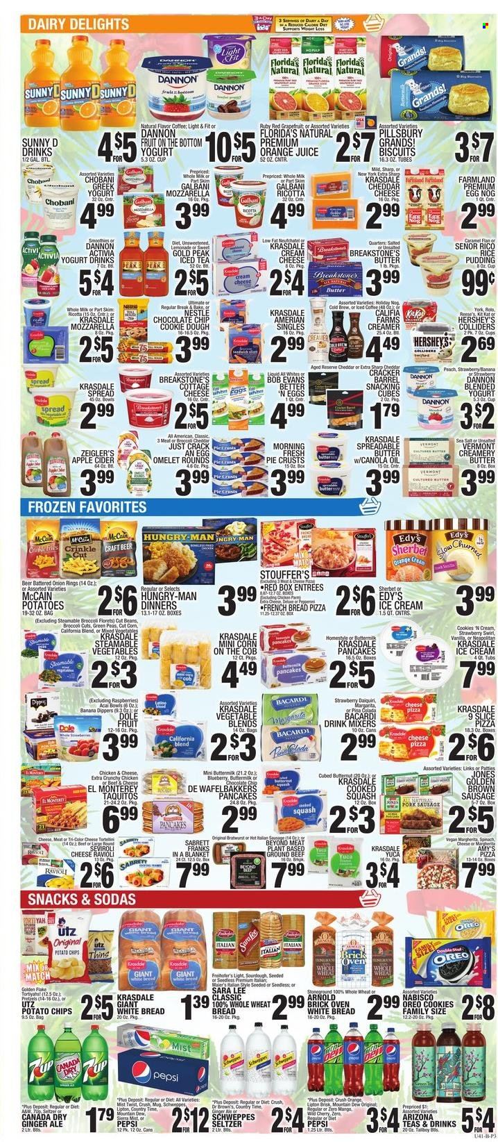 thumbnail - C-Town Flyer - 12/24/2021 - 12/30/2021 - Sales products - wheat bread, white bread, pretzels, pie, Sara Lee, french bread, broccoli, corn, Dole, pears, ravioli, pizza, onion rings, pancakes, Pillsbury, taquitos, Bob Evans, bratwurst, pork sausage, pepperoni, cottage cheese, cream cheese, ricotta, Galbani, greek yoghurt, Oreo, Activia, Chobani, Dannon, rice pudding, buttermilk, yoghurt drink, spreadable butter, creamer, ice cream, Reese's, Hershey's, Stouffer's, McCain, cookies, Nestlé, KitKat, crackers, biscuit, Florida's Natural, potato chips, Thins, pie crust, caramel, canola oil, oil, Canada Dry, ginger ale, lemonade, Mountain Dew, Schweppes, Pepsi, orange juice, juice, Lipton, ice tea, Diet Pepsi, 7UP, AriZona, Sierra Mist, Country Time, smoothie, seltzer water, coffee, apple cider, Bacardi, cider, beer, beef meat, ground beef. Page 3.