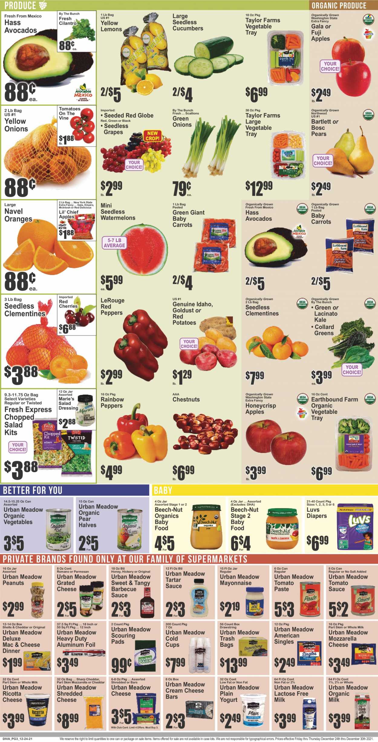 thumbnail - Key Food Flyer - 12/24/2021 - 12/30/2021 - Sales products - seedless grapes, carrots, cucumber, collard greens, kale, potatoes, peppers, red potatoes, red peppers, apples, avocado, Gala, grapes, Red Delicious apples, Red Globe, cherries, pears, oranges, Fuji apple, cream cheese, mozzarella, ricotta, shredded cheese, parmesan, grated cheese, yoghurt, organic milk, lactose free milk, mayonnaise, tartar sauce, tomato paste, tomato sauce, cilantro, BBQ sauce, salad dressing, dressing, chestnuts, peanuts, nappies, trash bags, tray, cup, clementines, lemons, navel oranges. Page 3.