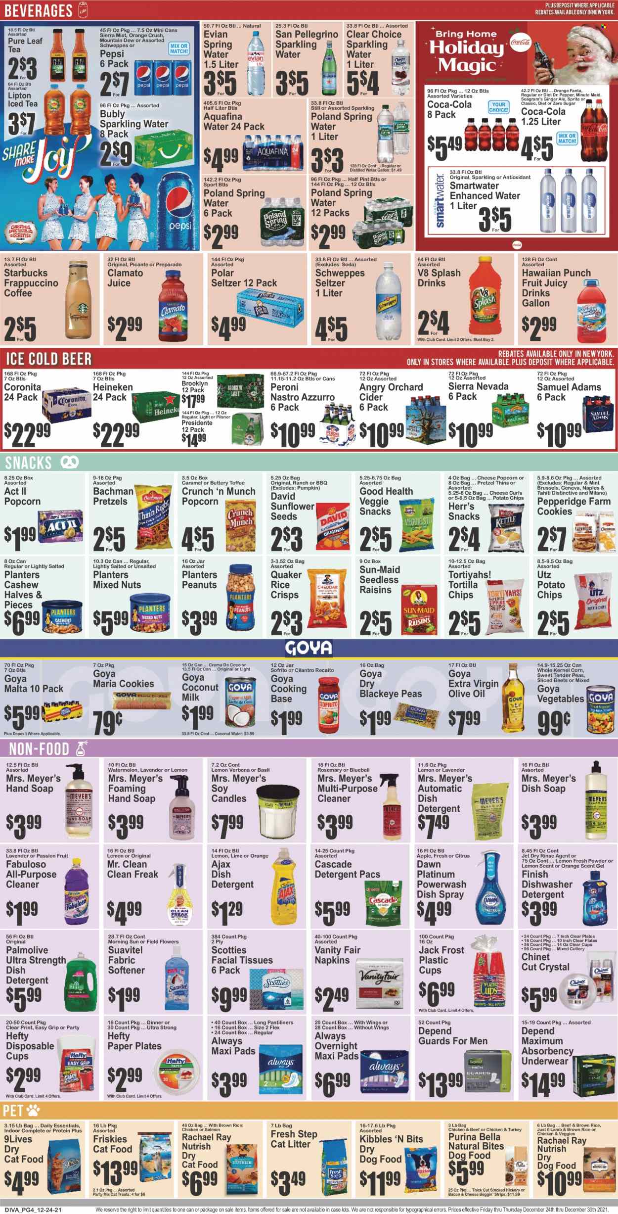 thumbnail - Key Food Flyer - 12/24/2021 - 12/30/2021 - Sales products - pretzels, corn, pumpkin, watermelon, oranges, Quaker, bacon, strips, cookies, snack, toffee, tortilla chips, potato chips, chips, Thins, popcorn, rice crisps, coconut milk, Goya, esponja, cilantro, rosemary, extra virgin olive oil, olive oil, oil, raisins, peanuts, dried fruit, sunflower seeds, mixed nuts, Planters, Coca-Cola, ginger ale, Mountain Dew, Schweppes, Sprite, Pepsi, juice, Fanta, Lipton, ice tea, Dr. Pepper, Clamato, coconut water, Sierra Mist, fruit punch, Aquafina, seltzer water, spring water, soda, sparkling water, Smartwater, Evian, San Pellegrino, Pure Leaf, coffee, Starbucks, frappuccino, cider, beer, Heineken, Peroni, napkins, tissues, detergent, cleaner, Ajax, Fabuloso, Cascade, fabric softener, Jet, hand soap, Palmolive, soap, pantiliners, sanitary pads, facial tissues, Hefty, plate, cup, candle, paper plate, cat litter, animal food, cat food, dog food, Purina, 9lives, dry dog food, dry cat food, Beggin', Friskies, Fresh Step, Purina Bella, Nutrish. Page 4.