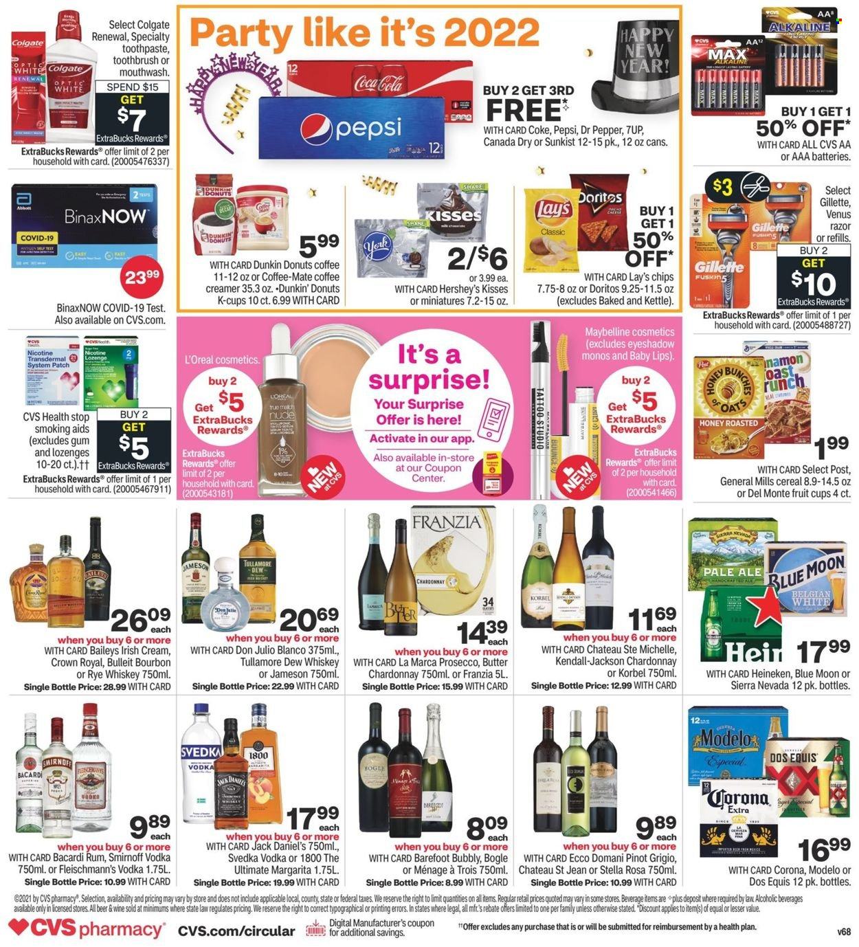 thumbnail - CVS Pharmacy Flyer - 12/26/2021 - 01/01/2022 - Sales products - Jack Daniel's, Coffee-Mate, Hershey's, Doritos, chips, Lay’s, cereals, Canada Dry, Coca-Cola, Pepsi, Dr. Pepper, 7UP, coffee capsules, K-Cups, Dunkin' Donuts, white wine, prosecco, Chardonnay, wine, Pinot Grigio, Bacardi, bourbon, rum, Smirnoff, vodka, whiskey, irish cream, Jameson, Baileys, whisky, Colgate, toothbrush, toothpaste, mouthwash, L’Oréal, Maybelline, Gillette, razor, Venus, AAA batteries, beer, Corona Extra, Heineken, Modelo, eyeshadow, Dos Equis, Blue Moon. Page 2.