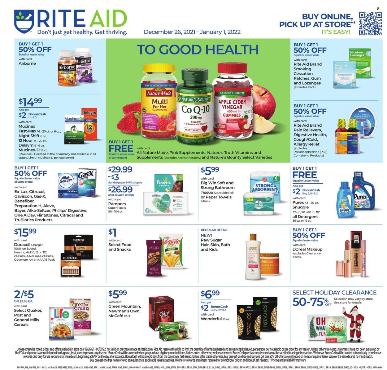 thumbnail - RITE AID Flyer - 12/26/2021 - 01/01/2022 - Sales products - Quaker, cereals, apple cider vinegar, vinegar, pecans, pistachios, McCafe, Green Mountain, Pampers, bath tissue, kitchen towels, paper towels, detergent, Snuggle, Purex, body wash, Raw Sugar, L’Oréal, makeup, wine glass, battery charger, Duracell, Optimum, Aleve, Delsym, Mucinex, Nature Made, Nature's Bounty, Nature's Truth, nicotine therapy, Alka-seltzer, Gaviscon, Bayer, allergy relief. Page 1.