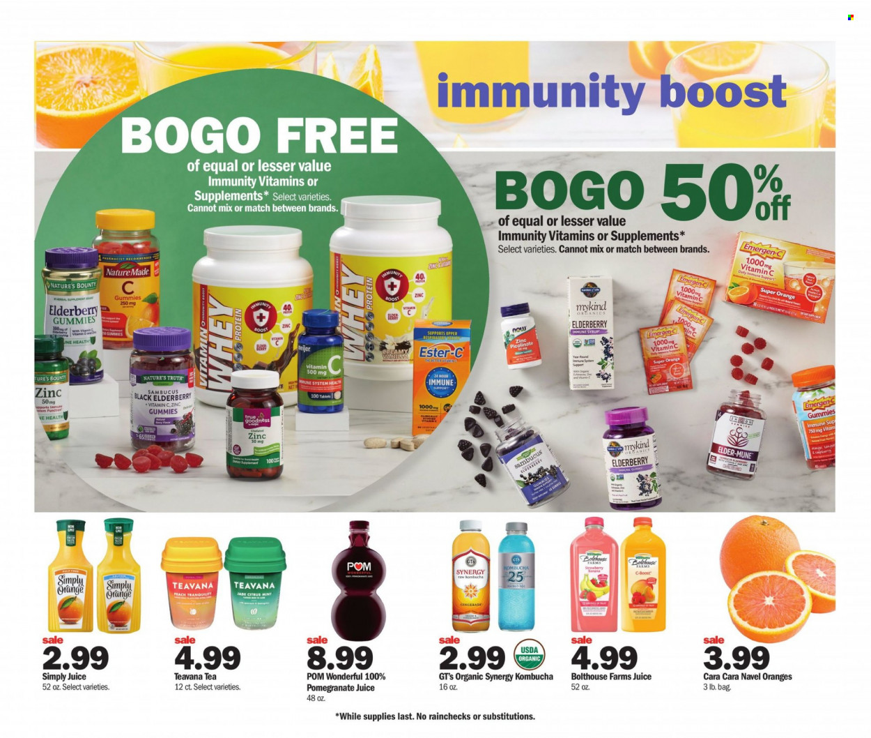 thumbnail - Meijer Flyer - 12/26/2021 - 01/08/2022 - Sales products - syrup, juice, kombucha, Boost, tea, Ester-c, Nature's Bounty, Nature's Truth, vitamin c, zinc, Emergen-C, whey protein, pomegranate, navel oranges. Page 3.