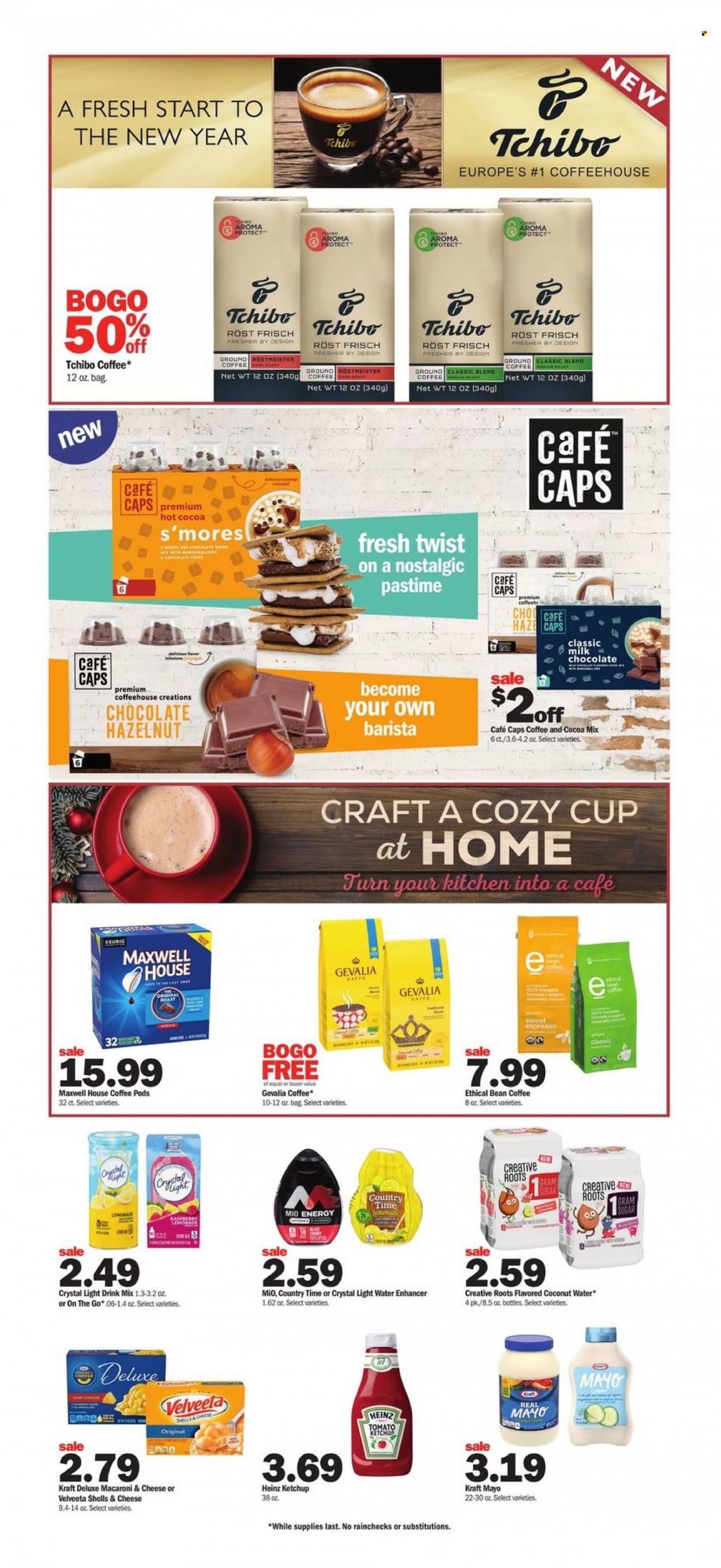 thumbnail - Meijer Flyer - 12/26/2021 - 01/01/2022 - Sales products - macaroni & cheese, Kraft®, mayonnaise, milk chocolate, chocolate, Heinz, ketchup, coconut water, Country Time, hot cocoa, Maxwell House, coffee pods, Gevalia, Keurig, cup, Ethical, cap. Page 6.