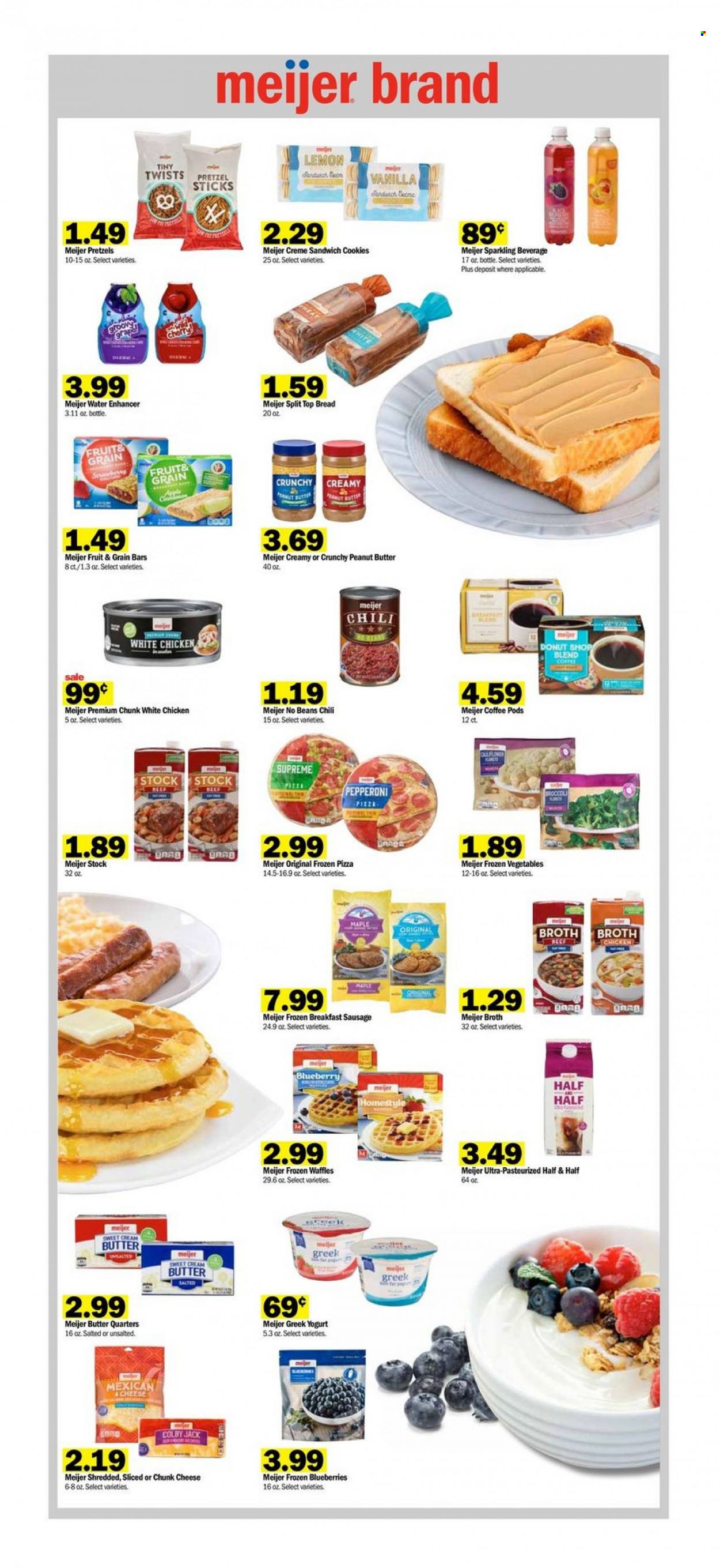 thumbnail - Meijer Flyer - 12/26/2021 - 01/01/2022 - Sales products - bread, pretzels, waffles, broccoli, blueberries, pizza, sausage, Colby cheese, chunk cheese, greek yoghurt, yoghurt, frozen vegetables, cookies, sandwich cookies, broth, peanut butter, coffee pods, bra, Half and half. Page 7.