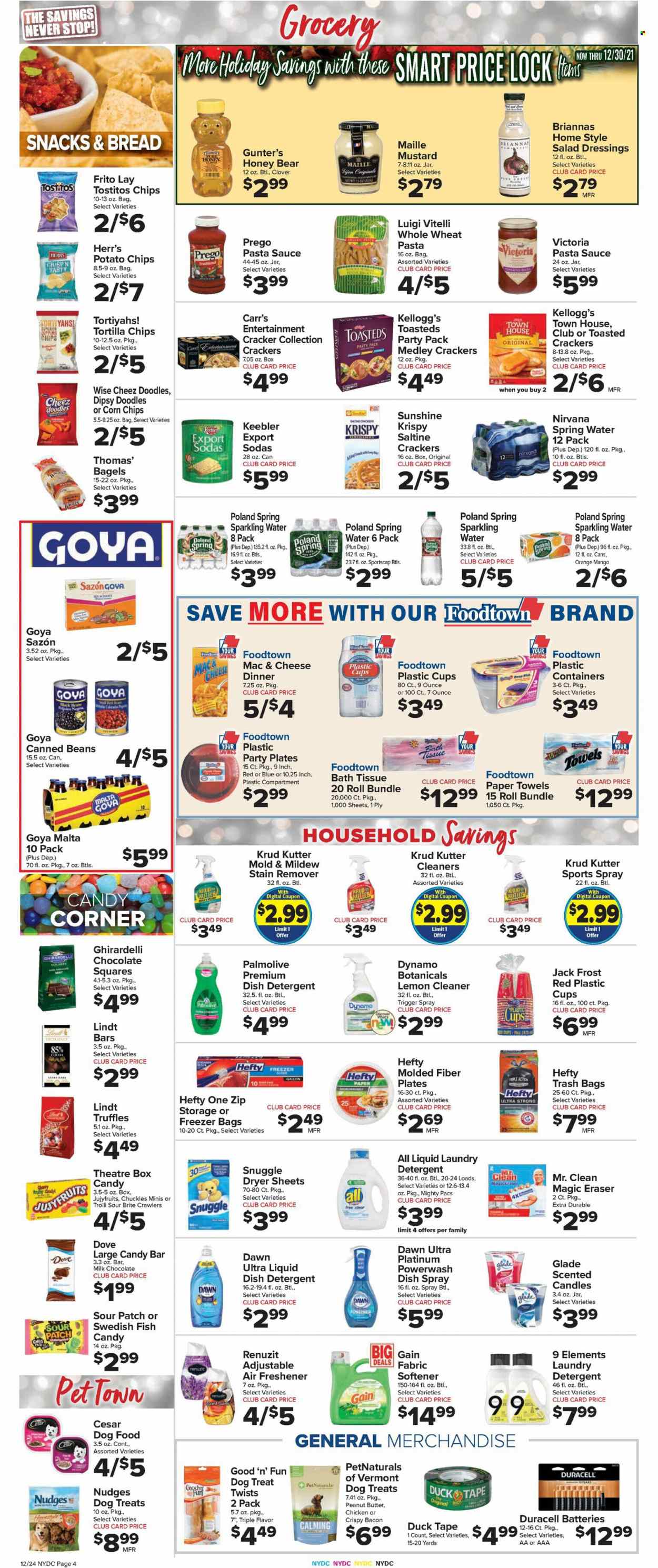 thumbnail - Foodtown Flyer - 12/24/2021 - 12/30/2021 - Sales products - bagels, bread, beans, snack, macaroni & cheese, pasta sauce, sauce, Clover, Sunshine, Dove, milk chocolate, Trolli, Lindt, truffles, crackers, Kellogg's, Ghirardelli, Keebler, Sour Patch, candy bar, sweets, bars, lollies, tortilla chips, potato chips, corn chips, Tostitos, salty snack, Goya, mustard, salad dressing, dressing, spring water, soda, sparkling water, water, poultry meat, bath tissue, kitchen towels, paper towels, detergent, Gain, cleaner, stain remover, Snuggle, fabric softener, laundry detergent, dryer sheets, dishwashing liquid, Palmolive, Brite, Hefty, trash bags, plate, container, freezer bag, candle, Renuzit, air freshener, Glade, scented candle, plastic cup, battery, Duracell, aa batteries, animal food, animal treats, dog food, Good 'n' Fun, dog treat. Page 6.