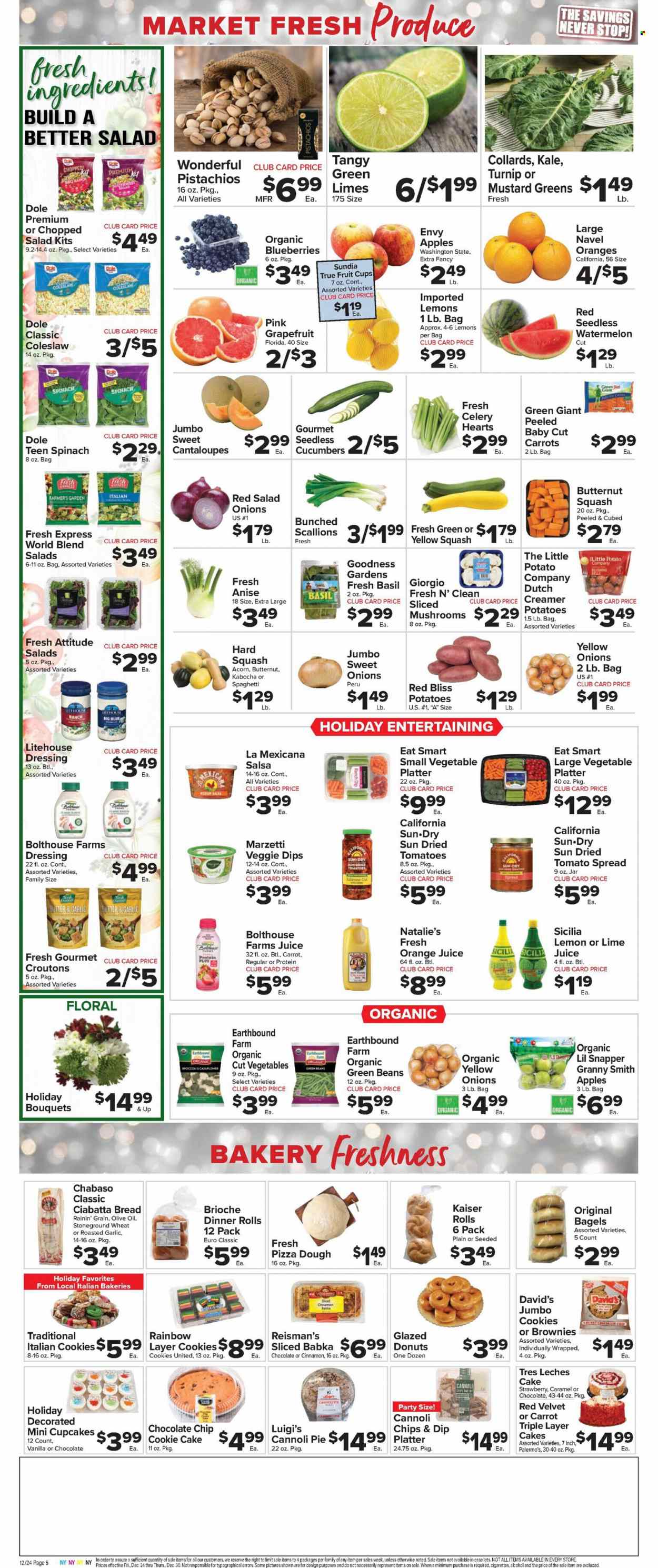 thumbnail - Foodtown Flyer - 12/24/2021 - 12/30/2021 - Sales products - fruit cup, bagels, ciabatta, dinner rolls, brioche, cupcake, brownies, donut, cantaloupe, green beans, kale, potatoes, Dole, chopped salad, sleeved celery, yellow squash, apples, grapefruits, limes, watermelon, Granny Smith, coleslaw, spaghetti, butter, pizza dough, cookies, chips, croutons, esponja, cinnamon, mustard, dressing, salsa, olive oil, pistachios, orange juice, juice, bouquet, butternut squash, mustard greens, lemons. Page 8.