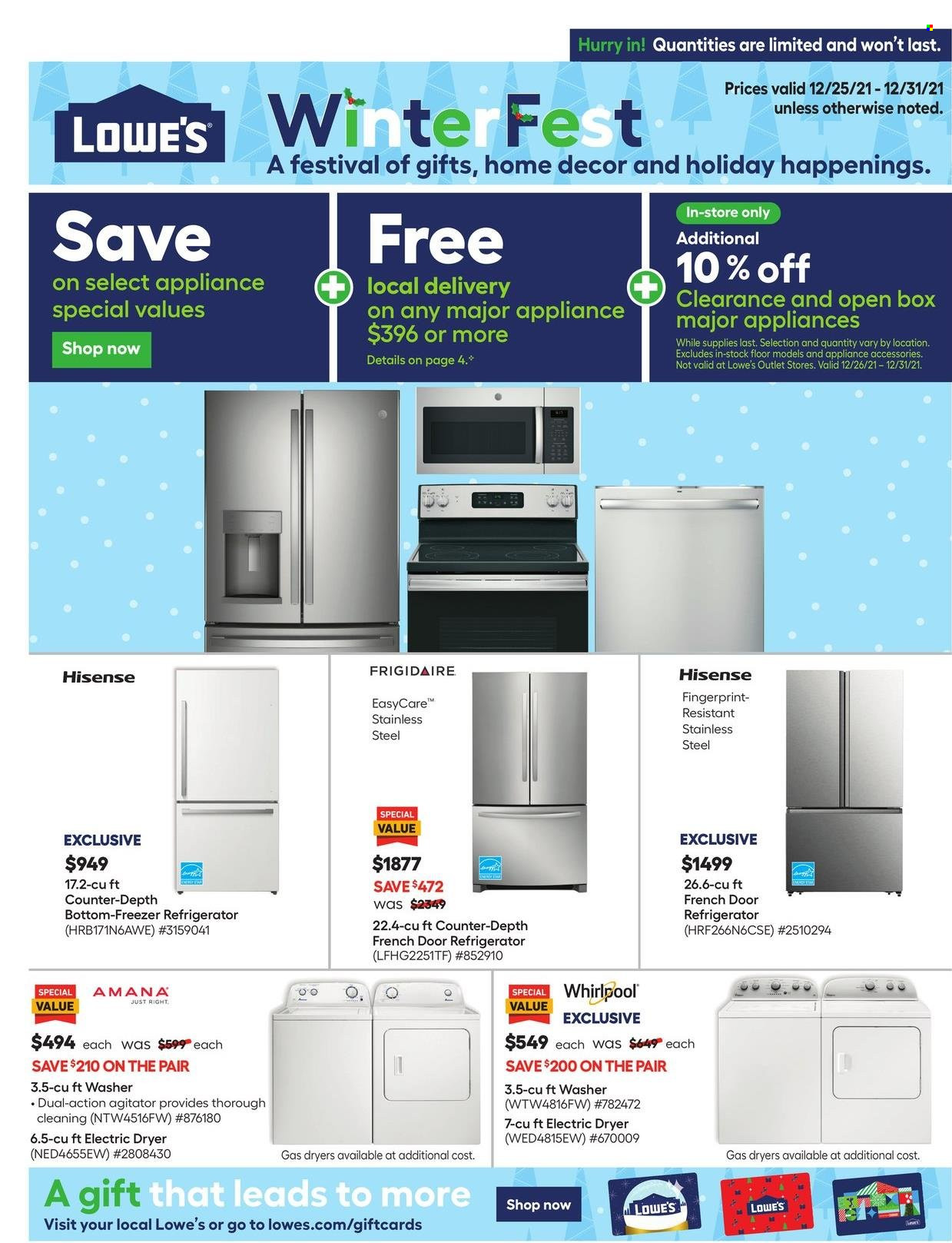 thumbnail - Lowe's Flyer - 12/25/2021 - 12/31/2021 - Sales products - Amana, Whirlpool, freezer, french door refrigerator, refrigerator, Hisense, washing machine, electric dryer. Page 1.
