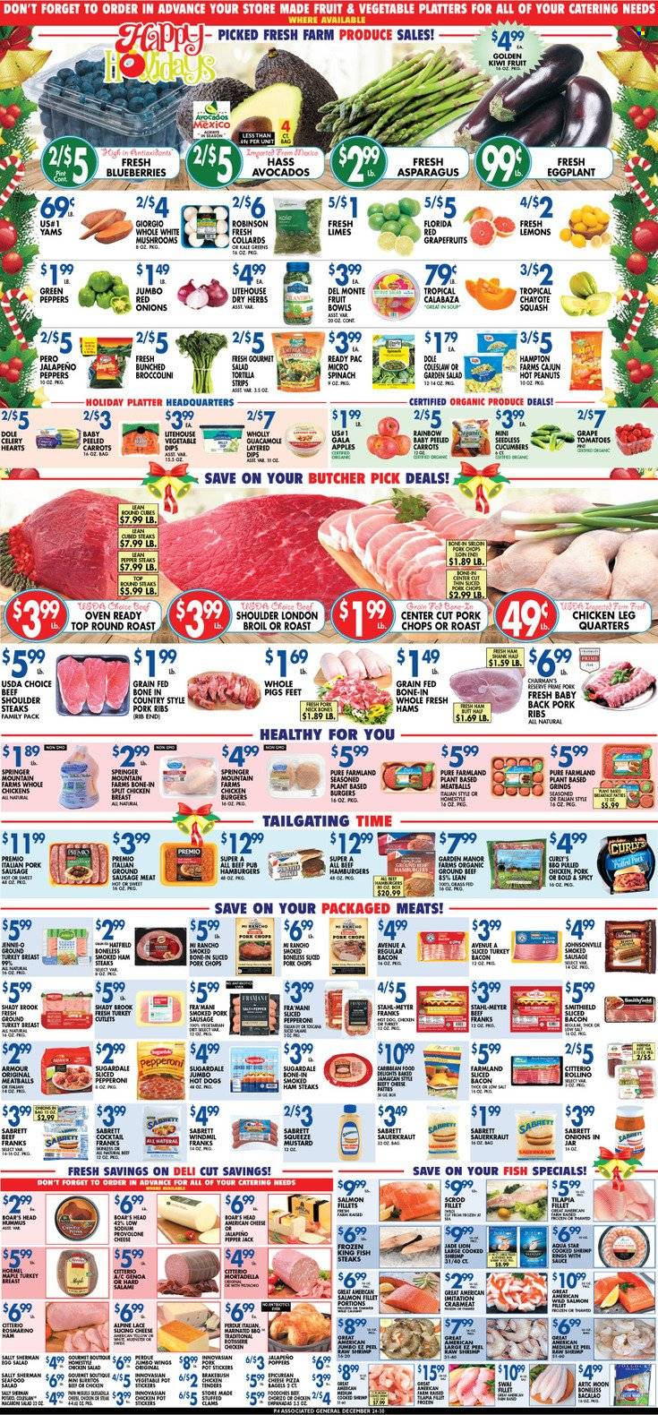 thumbnail - Associated Supermarkets Flyer - 12/24/2021 - 12/30/2021 - Sales products - tortillas, asparagus, carrots, celery, cucumber, red onions, kale, Dole, jalapeño, eggplant, sleeved celery, chayote squash, apples, Gala, grapefruits, kiwi, limes, chayote, clams, crab meat, salmon, salmon fillet, tilapia, fish, king fish, shrimps, fish steak, coleslaw, hot dog, pizza, meatballs, soup, hamburger, Perdue®, Ready Pac, pulled pork, pulled chicken, Hormel, Sugardale, bacon, mortadella, salami, ham, smoked ham, Johnsonville, sausage, smoked sausage, pork sausage, pepperoni, hummus, guacamole, ham steaks, american cheese, Provolone, salt, sauerkraut, pepper, mustard, peanuts, Ron Pelicano, ground turkey, turkey breast, whole chicken, chicken breasts, chicken legs, beef meat, steak, round roast, sausage meat, pork chops, pork meat, pork ribs, pork back ribs, deodorant, lemons. Page 4.