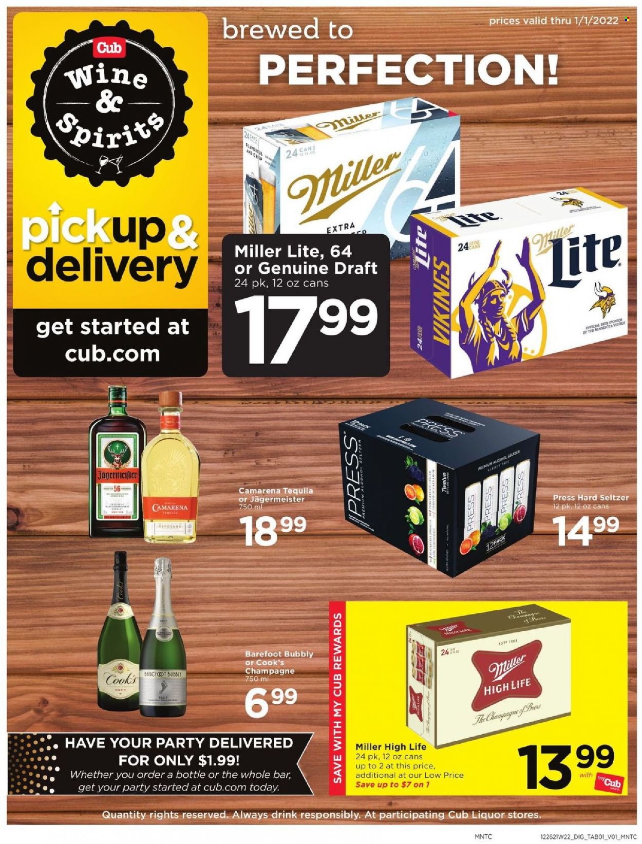 thumbnail - Cub Foods Flyer - 12/26/2021 - 01/01/2022 - Sales products - champagne, wine, alcohol, tequila, Jägermeister, Hard Seltzer, beer, Miller Lite. Page 1.