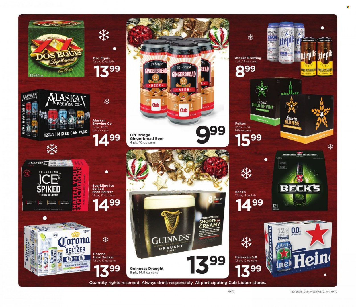 thumbnail - Cub Foods Flyer - 12/26/2021 - 01/01/2022 - Sales products - gingerbread, cherries, cod, sugar, lemonade, sparkling water, Hard Seltzer, beer, Corona Extra, Heineken, Guinness, refresher, Dos Equis. Page 3.