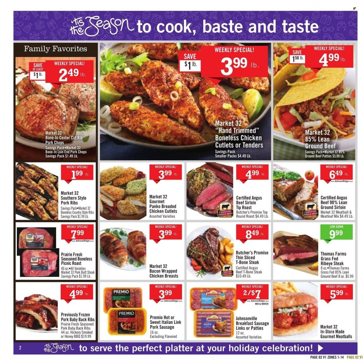 thumbnail - Price Chopper Flyer - 12/26/2021 - 01/01/2022 - Sales products - panko breadcrumbs, meatballs, fried chicken, meatloaf, bacon, Johnsonville, sausage, pork sausage, Celebration, beef meat, beef sirloin, beef steak, ground beef, t-bone steak, steak, round roast, ribeye steak, pork chops, pork meat, pork ribs, pork back ribs, country style ribs. Page 2.