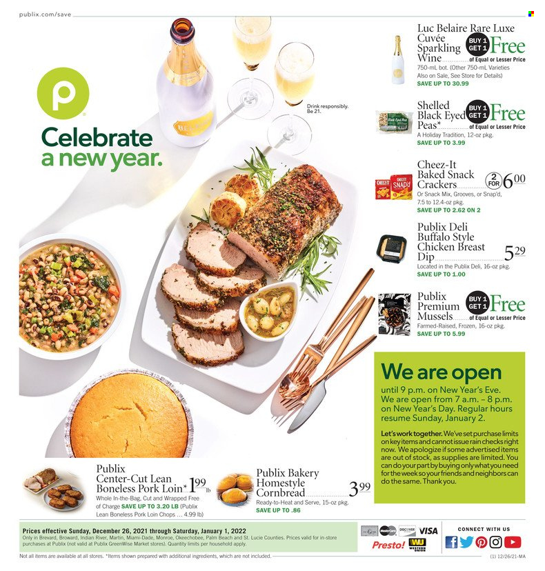 thumbnail - Publix Flyer - 12/26/2021 - 01/01/2022 - Sales products - corn bread, mussels, crackers, Cheez-It, wine, Cuvée, chicken breasts, pork chops, pork loin, pork meat, bag. Page 1.