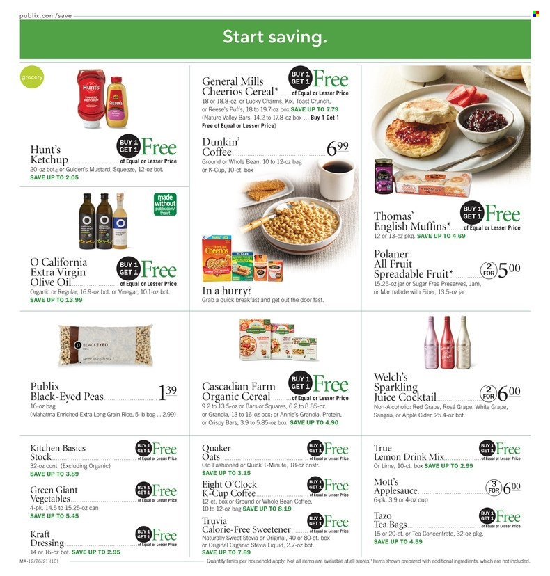 thumbnail - Publix Flyer - 12/26/2021 - 01/01/2022 - Sales products - english muffins, puffs, Welch's, Mott's, Quaker, Annie's, Kraft®, Reese's, oats, stevia, sweetener, cereals, granola, Cheerios, Nature Valley, long grain rice, mustard, ketchup, dressing, extra virgin olive oil, vinegar, olive oil, oil, apple sauce, fruit jam, juice, sparkling juice, tea bags, coffee, coffee capsules, K-Cups, Eight O'Clock, wine, rosé wine, apple cider, cider. Page 10.