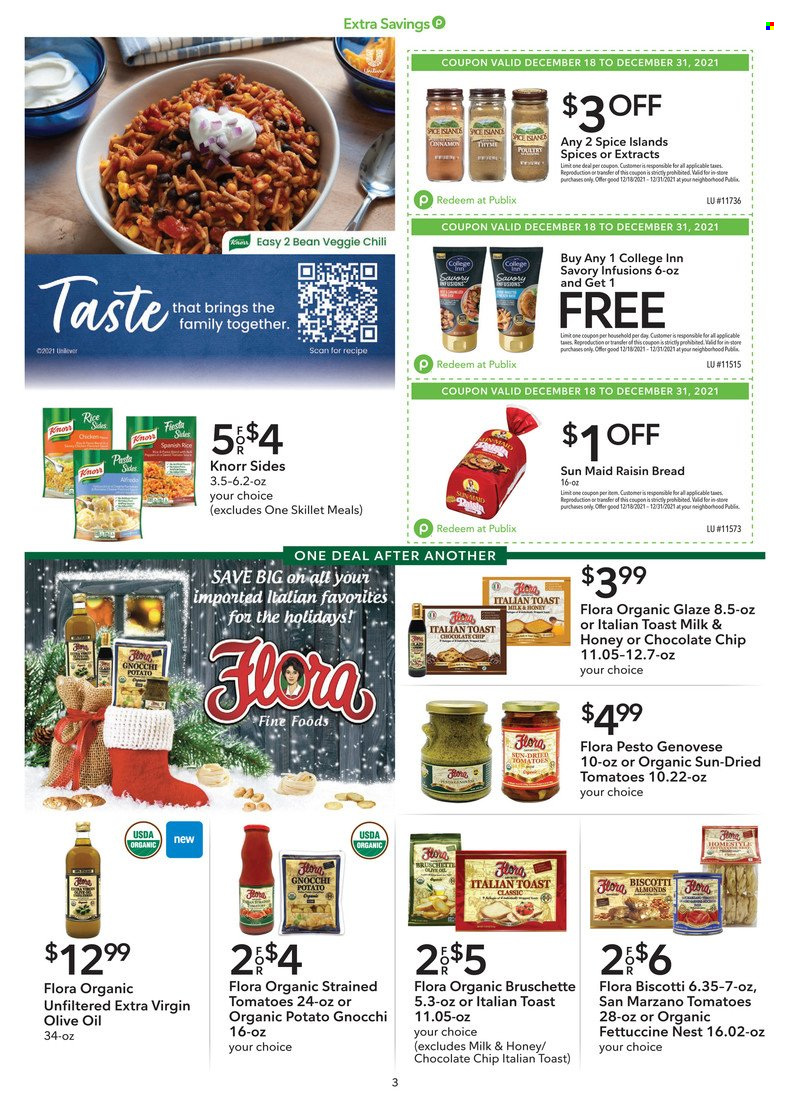 thumbnail - Publix Flyer - 12/18/2021 - 12/31/2021 - Sales products - bread, gnocchi, Knorr, milk, Flora, biscotti, chocolate chips, dried tomatoes, spice, pesto, extra virgin olive oil, olive oil, oil. Page 3.