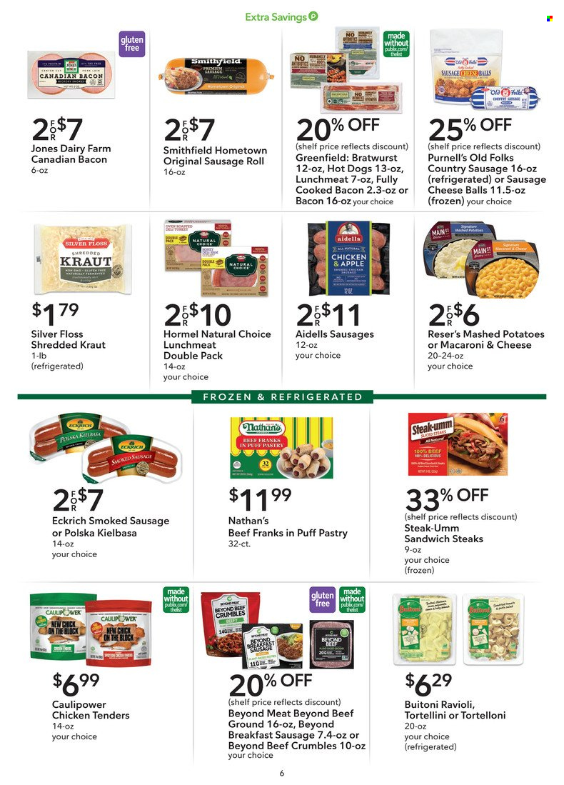 thumbnail - Publix Flyer - 12/18/2021 - 12/31/2021 - Sales products - sausage rolls, macaroni & cheese, mashed potatoes, ravioli, hot dog, chicken tenders, tortellini, Hormel, Buitoni, bacon, canadian bacon, bratwurst, sausage, smoked sausage, kielbasa, lunch meat, steak. Page 6.
