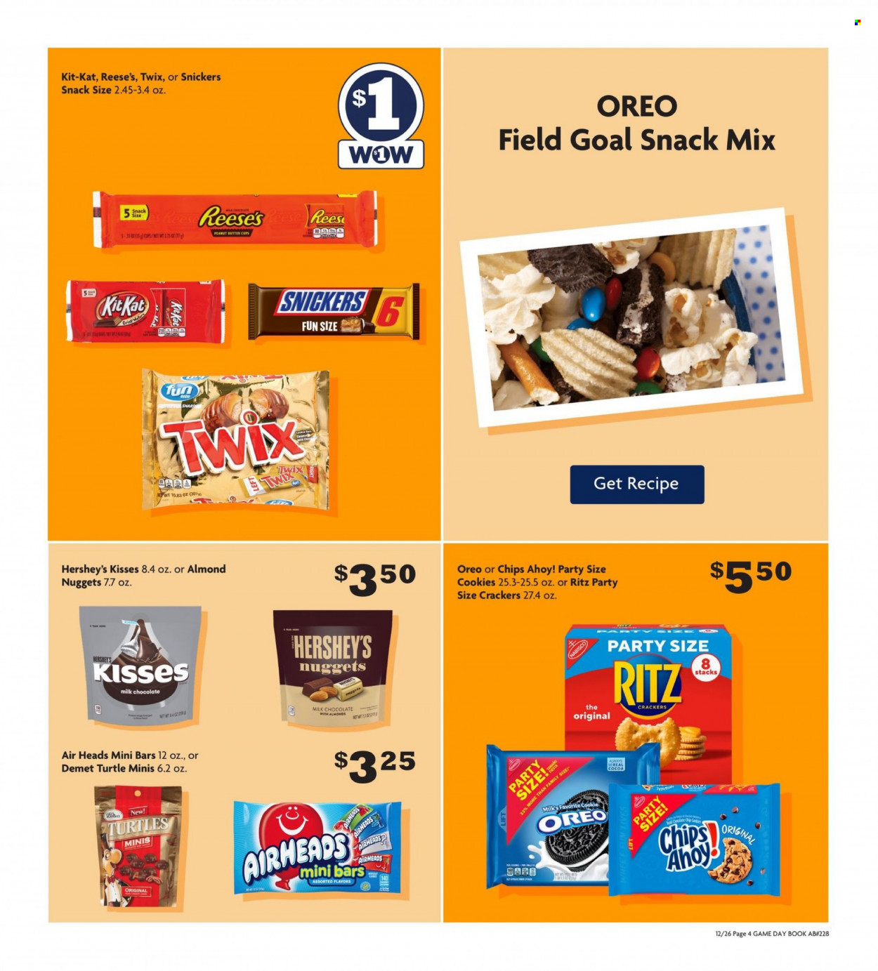 thumbnail - Family Dollar Flyer - 12/26/2021 - 02/06/2022 - Sales products - nuggets, Reese's, Hershey's, cookies, milk chocolate, chocolate, snack, Snickers, Twix, AirHeads, crackers, peanut butter cups, Chips Ahoy!, RITZ, chips, cocoa, book, turtles, goal. Page 4.